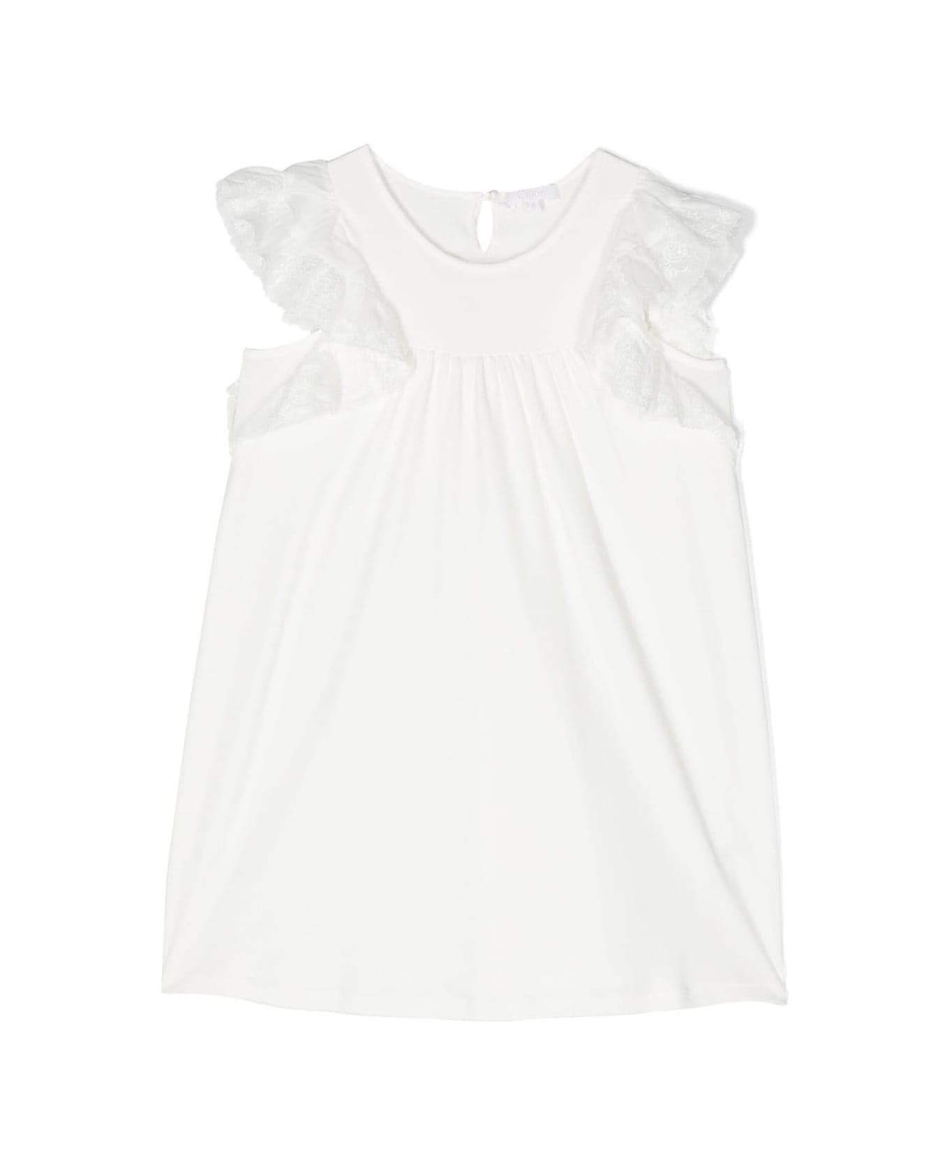 Chloé White Dress With Ruched Detailing In Cotton Girl - White ワンピース＆ドレス