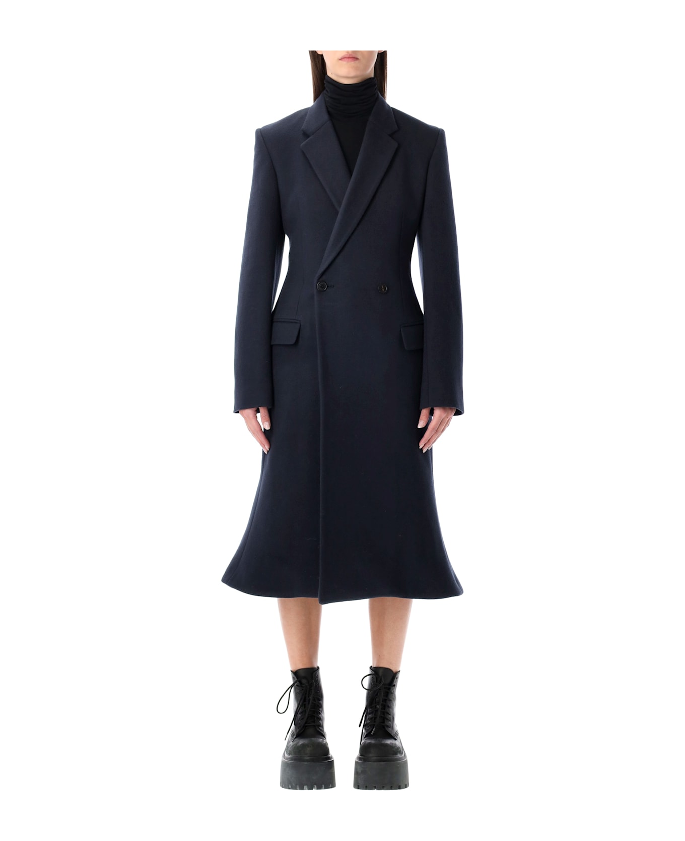 Balenciaga Navy Brushed Wool Midi Godet Coat - NAVY