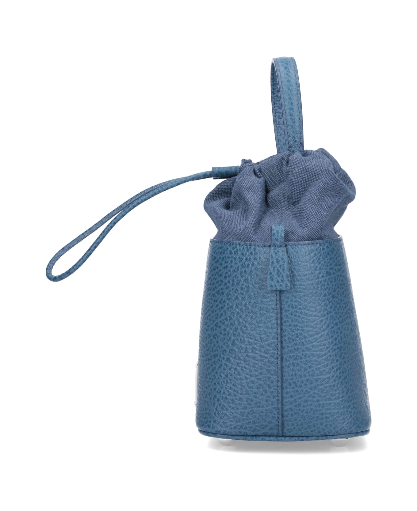 Maison Margiela '5ac' Small Blue Bucket Hat With Chain Shoulder Strap In Grained Leather And Cotton Canvas Woman Maison Margiela - Blue