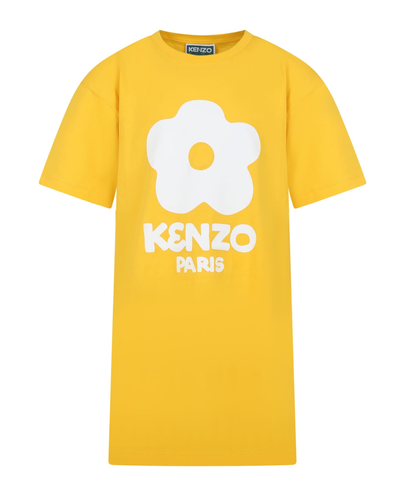 Kenzo Kids Yellow Dress For Girl With Flower And White Logo - Yellow