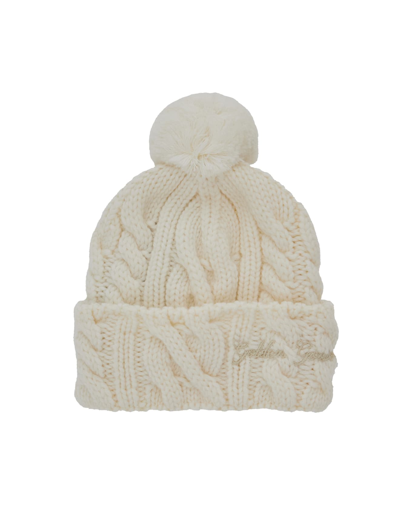 Golden Goose White Cable Knit Beanie With Pompon In Wool Girl - White