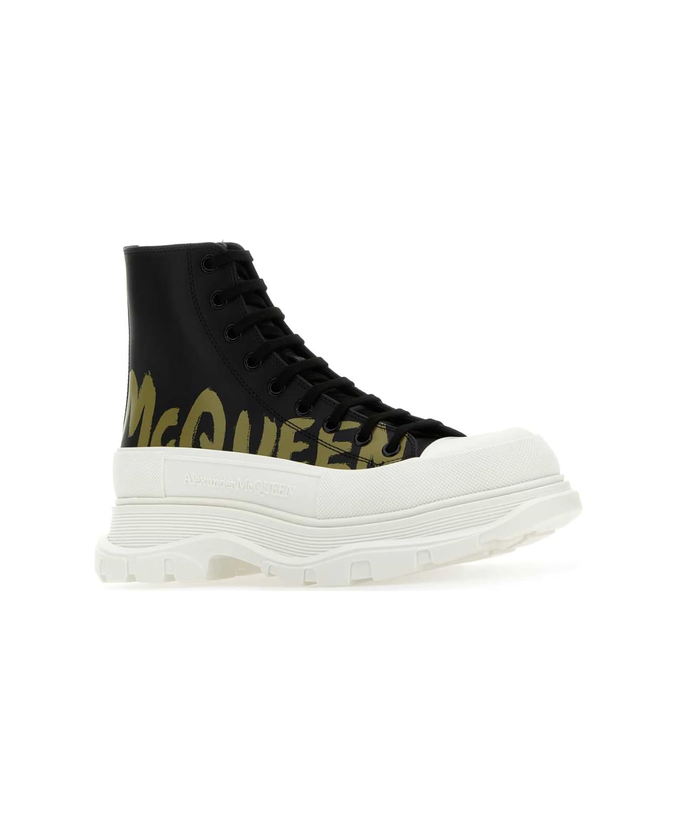 Alexander McQueen Black Leather Tread Slick Sneakers - BLKOFWHPALEKHAKI