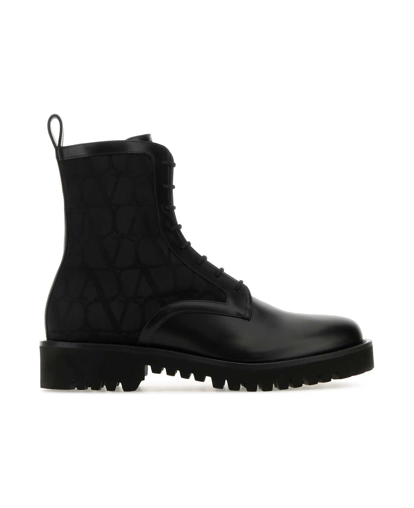 Valentino Garavani Black Toile Iconographe And Leather Ankle Boots - NERO