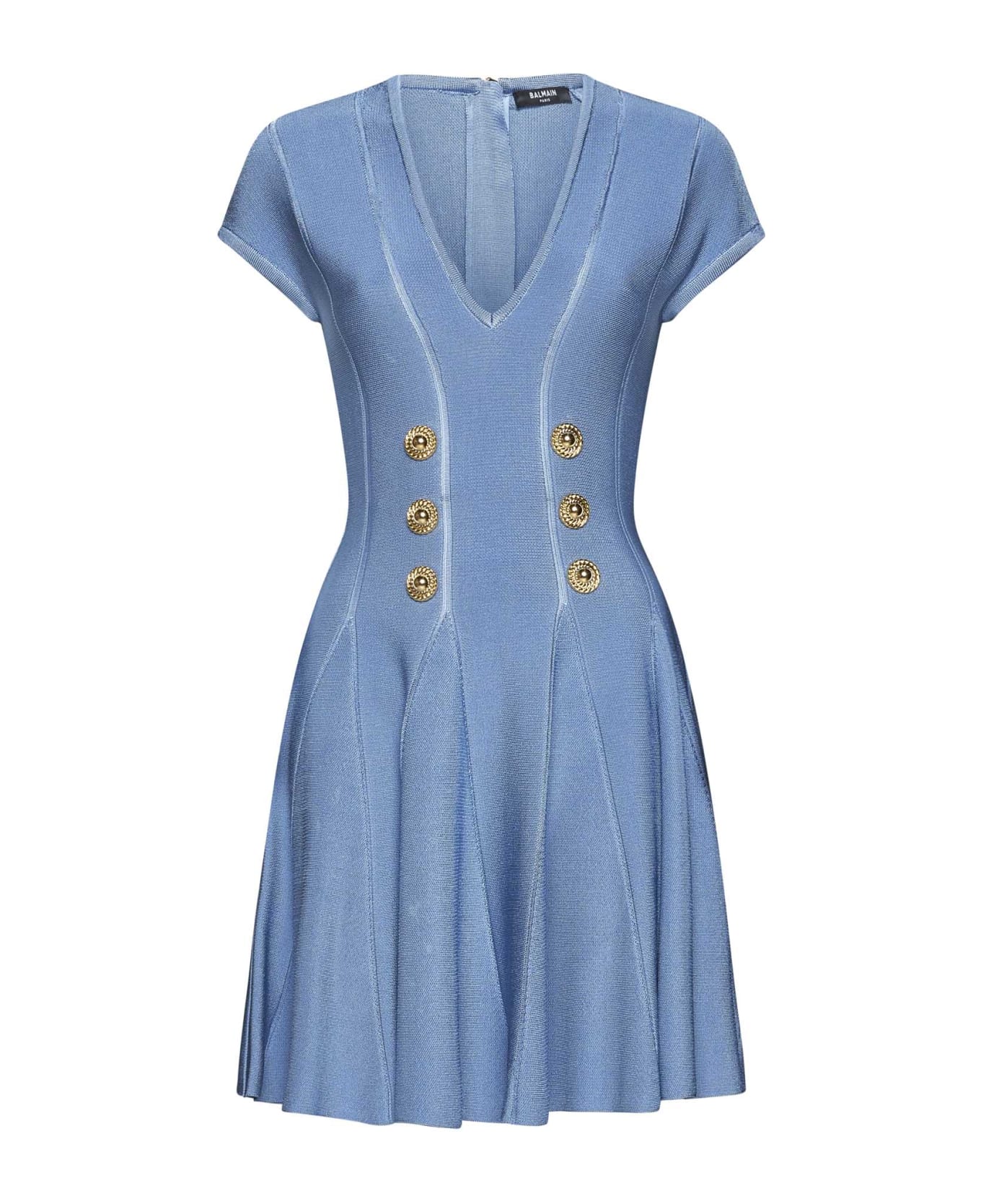 Balmain Buttoned Knit Skater Mini Dress - Bleu pale