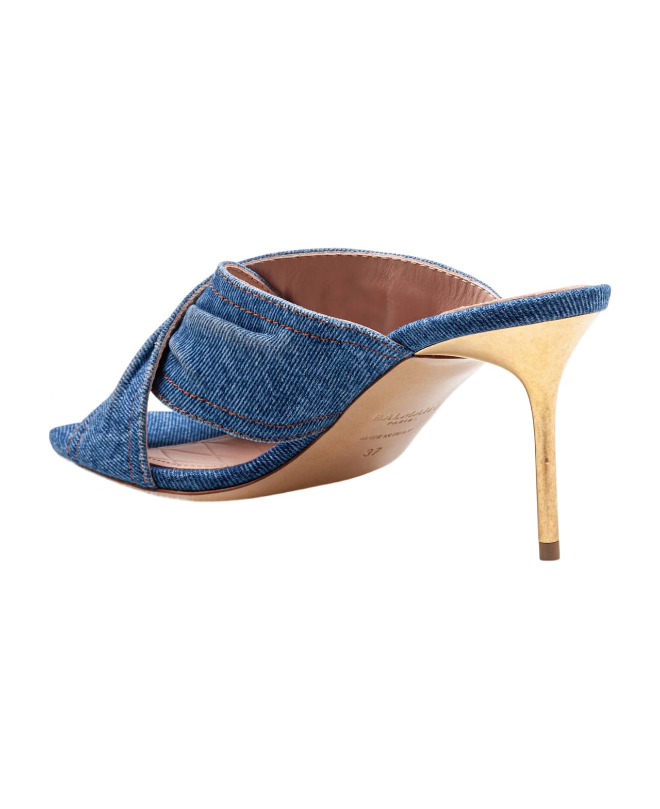 Balmain Safety Mule In Denim Fabric With Applied Pin - Blue/Yellow