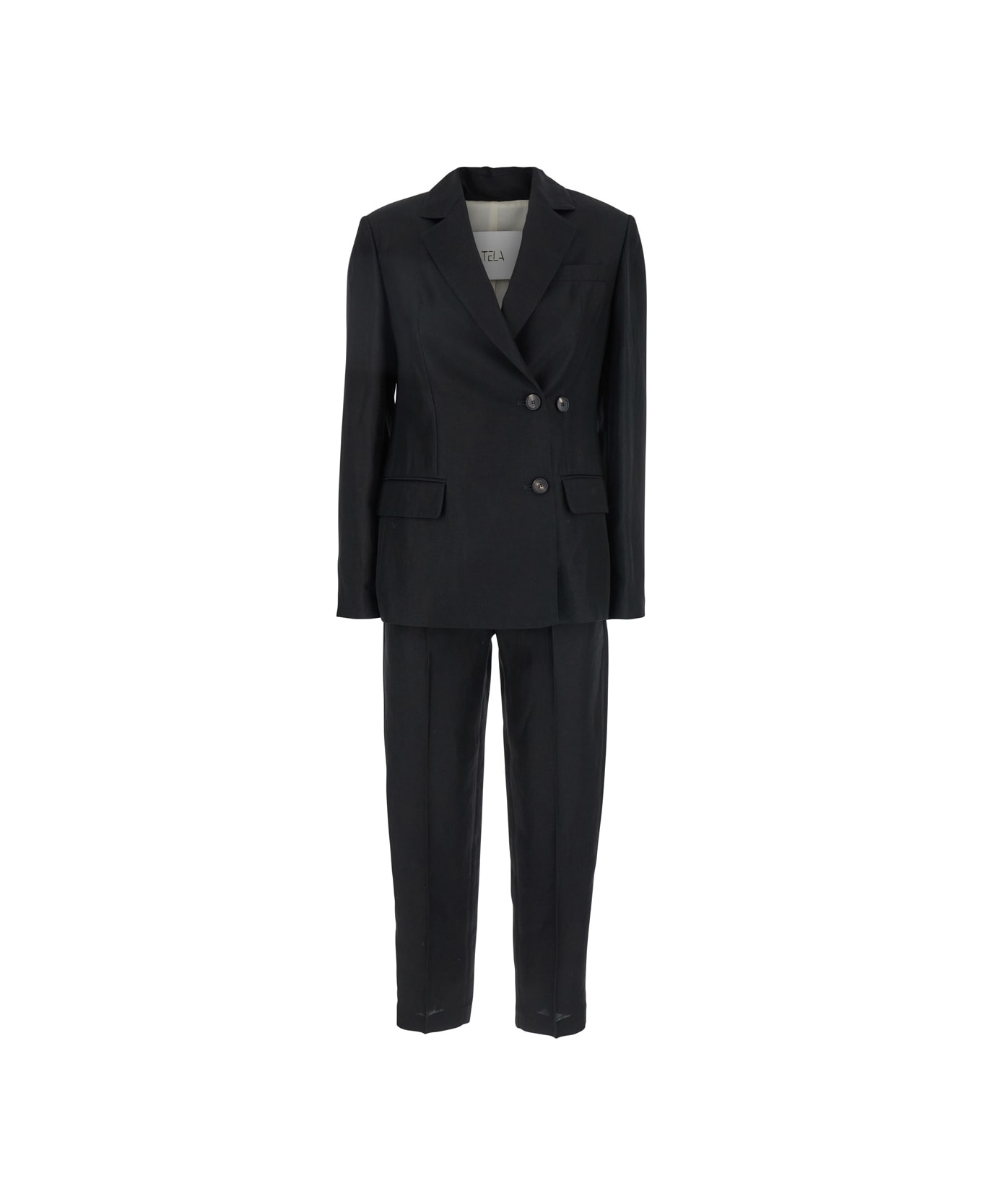 Tela Black Double-breasted Suit With Notched Revers In Linen And Viscose Blend Woman - Black