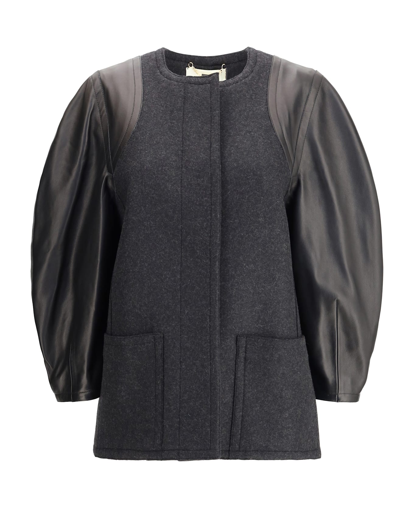 Fendi Blouson Jacket In Mélange Wool And Soft Nappa Leather - Grey