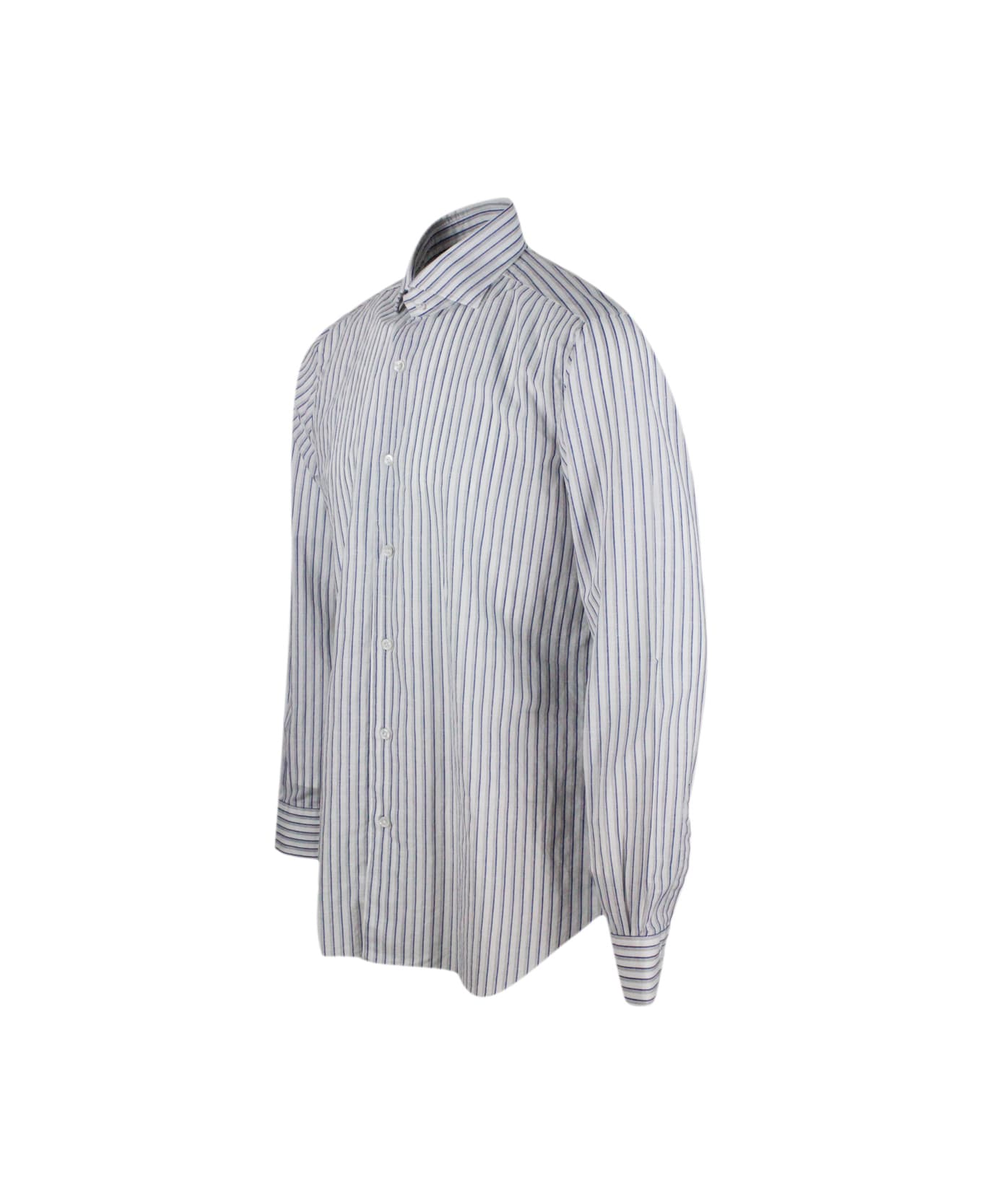 Barba Napoli Long-sleeved Cult Shirt With French Collar With Gray And Blue Stripes On A White Base In Cotton And Linen - White シャツ