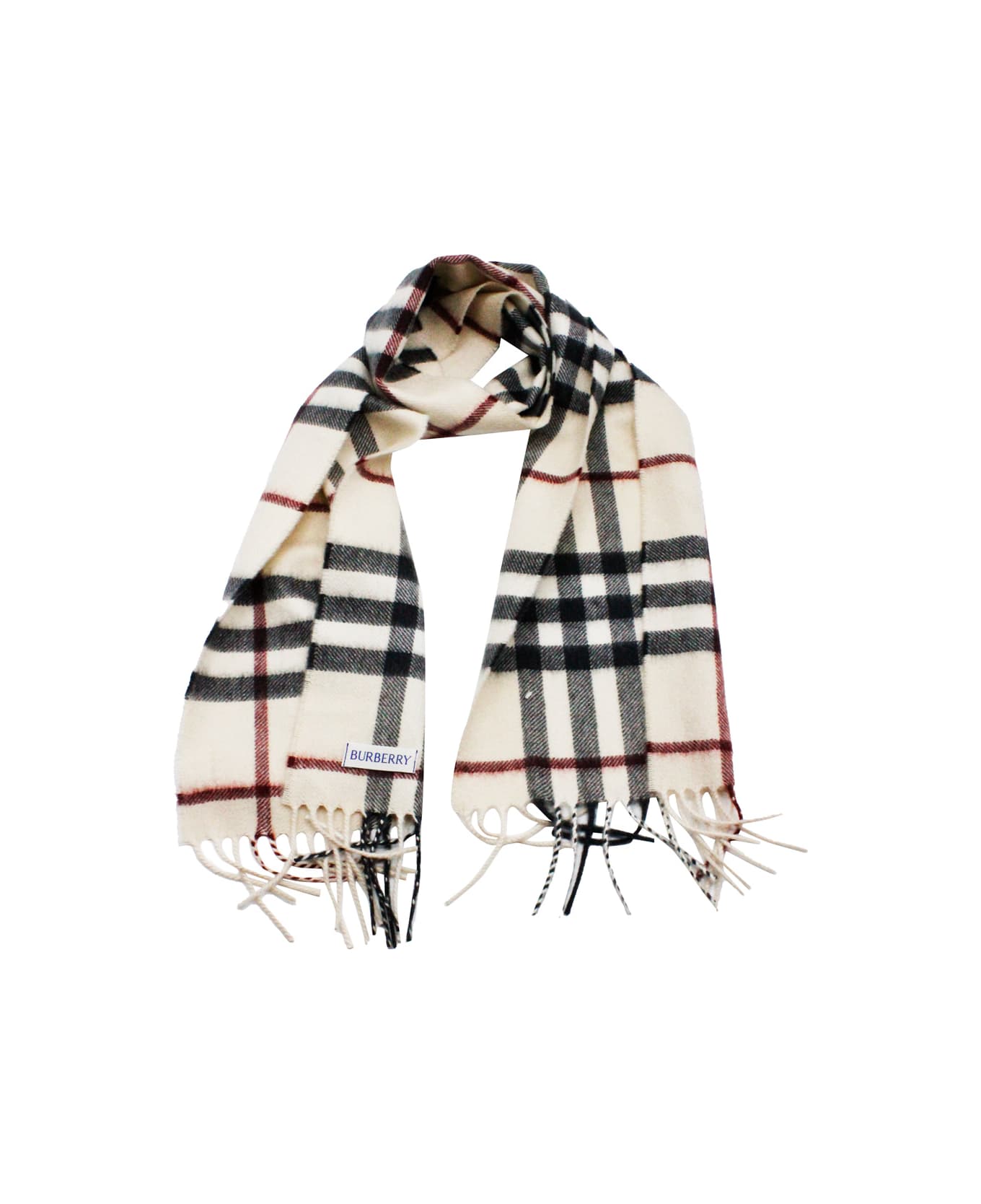 Burberry Scarf In Pure And Soft Cashmere With Check Pattern And Fringes At The Hem Measuring 130 X 20 - Stone アクセサリー＆ギフト