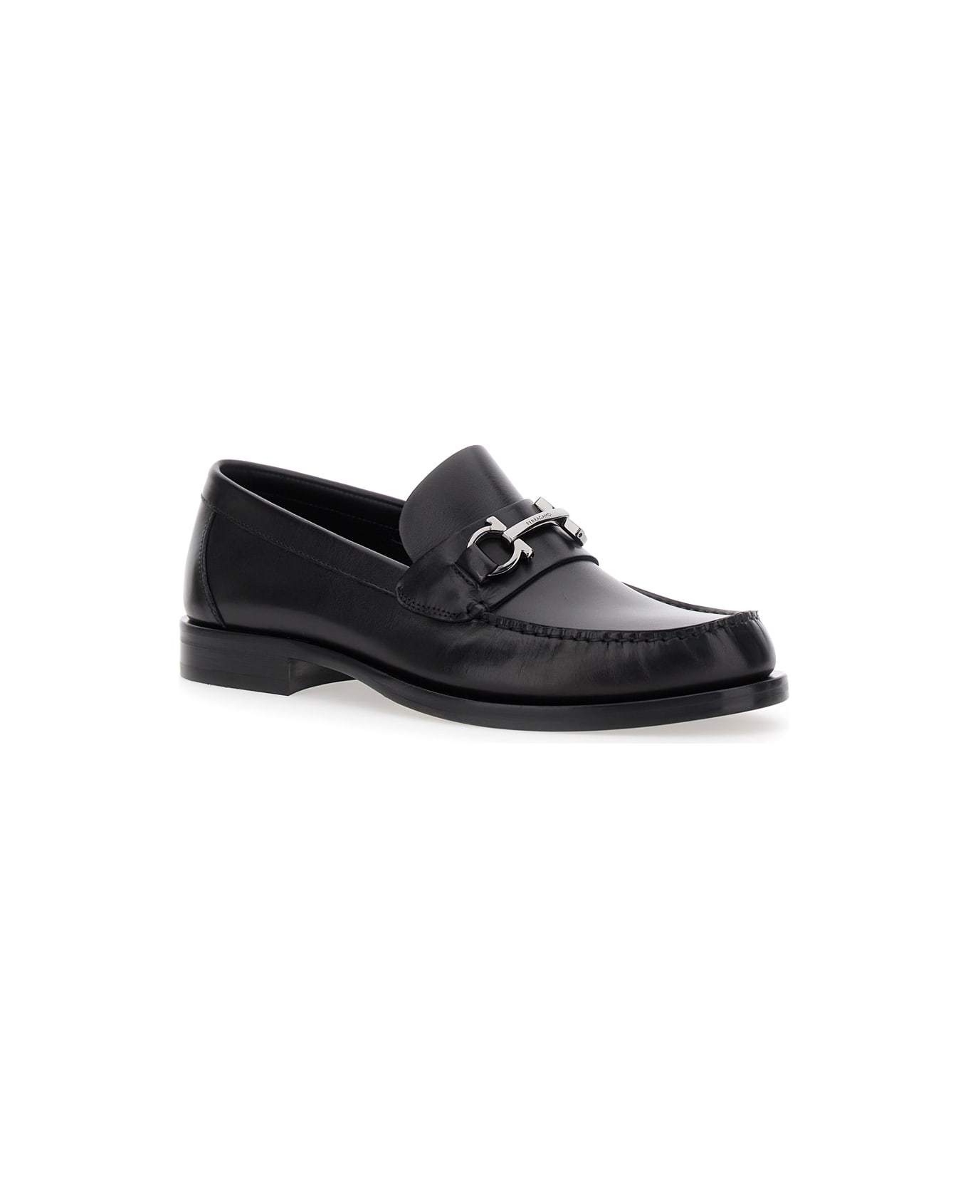 Ferragamo Black Loafers With Gancini On The Front In Leather Man - Black