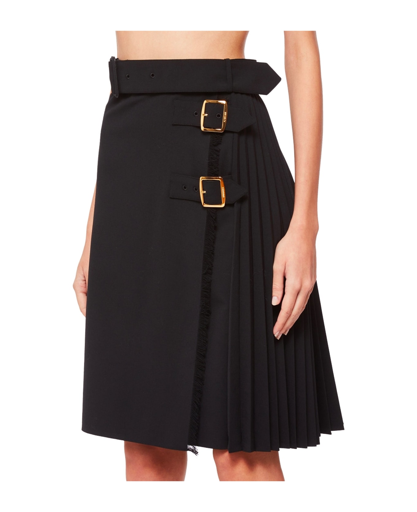 Burberry Pleated Panel Wool Blend Belted Kilt Skirt - Black