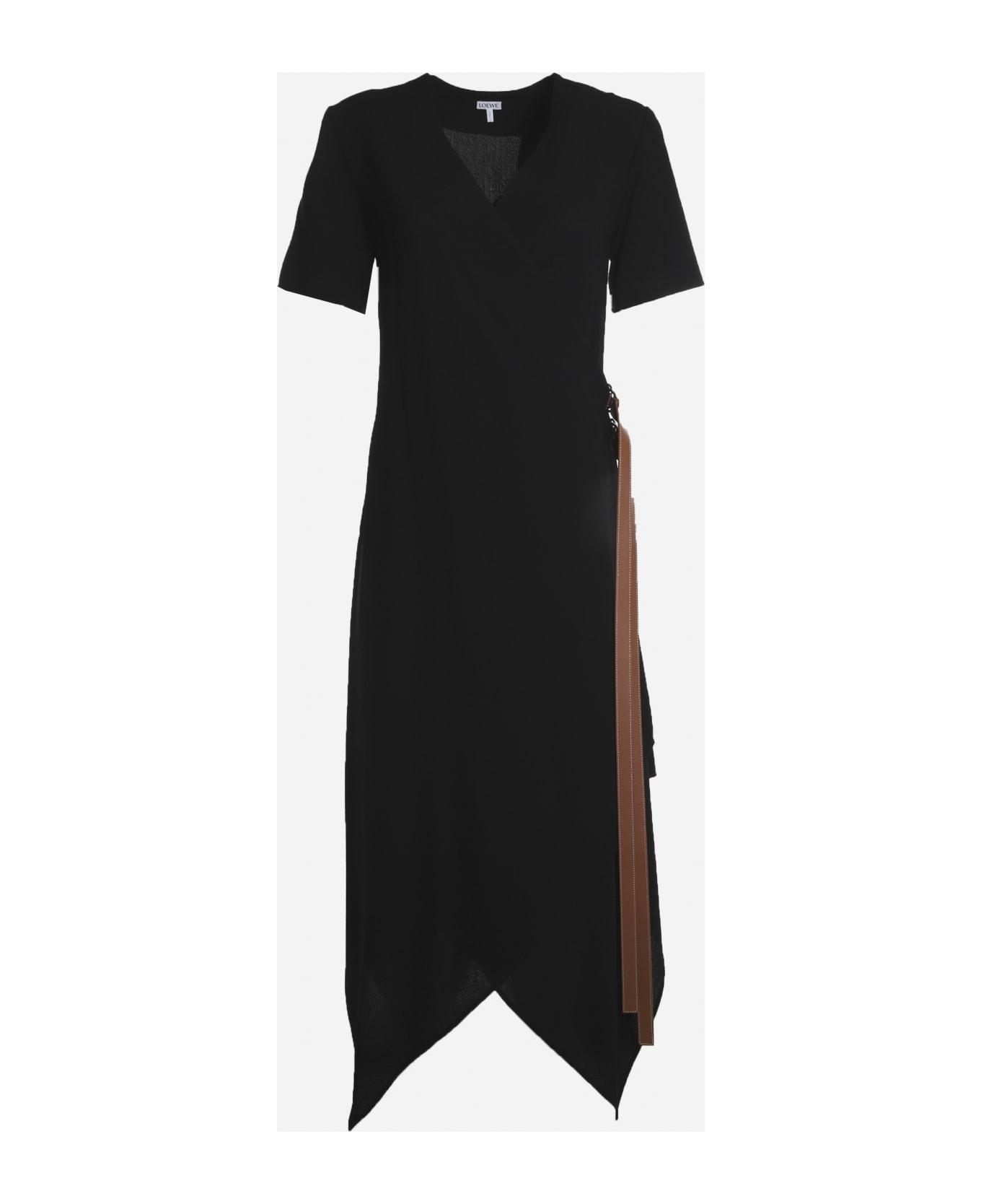 Loewe Wrap Midi Dress In Wool With Leather Belt - Black