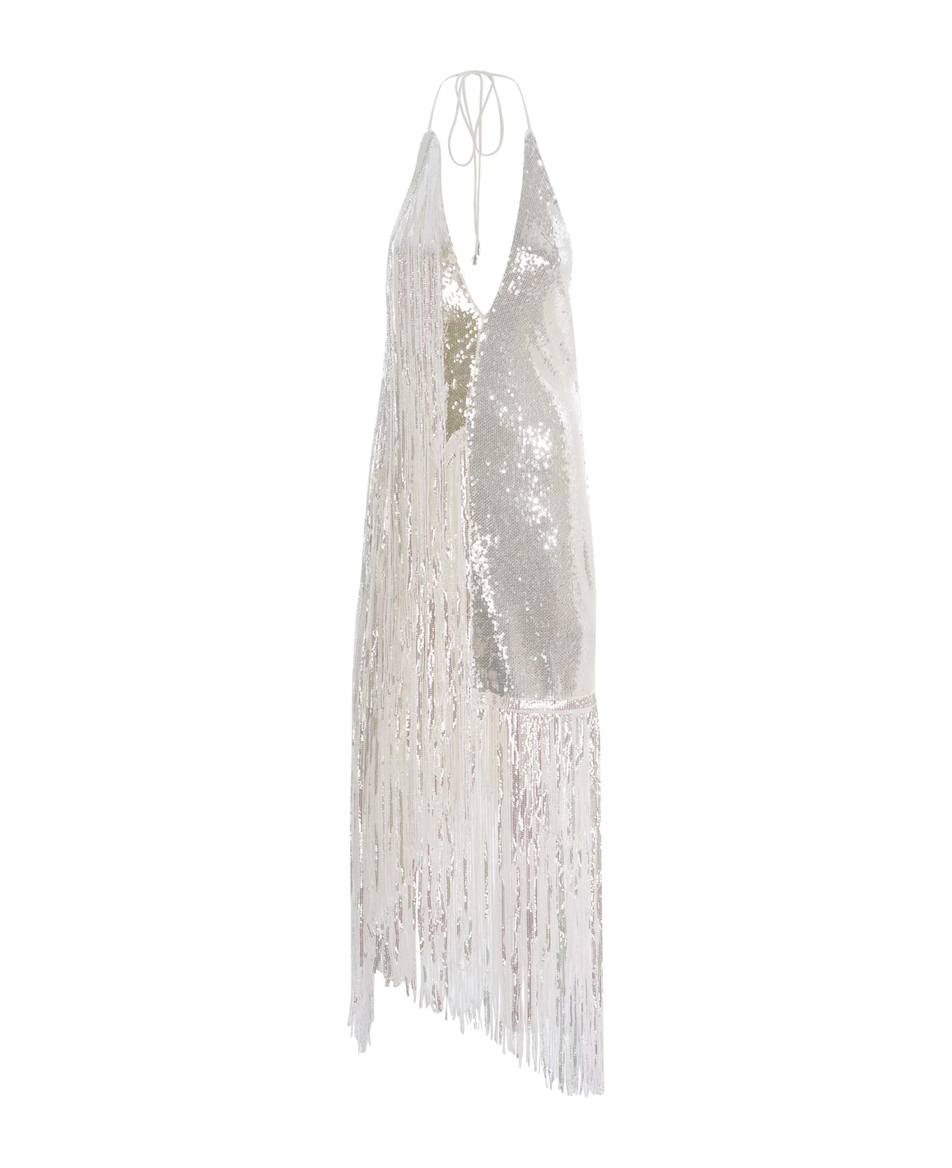 Rotate by Birger Christensen Sequin Embellished Fringed Midi Dress - Bianco