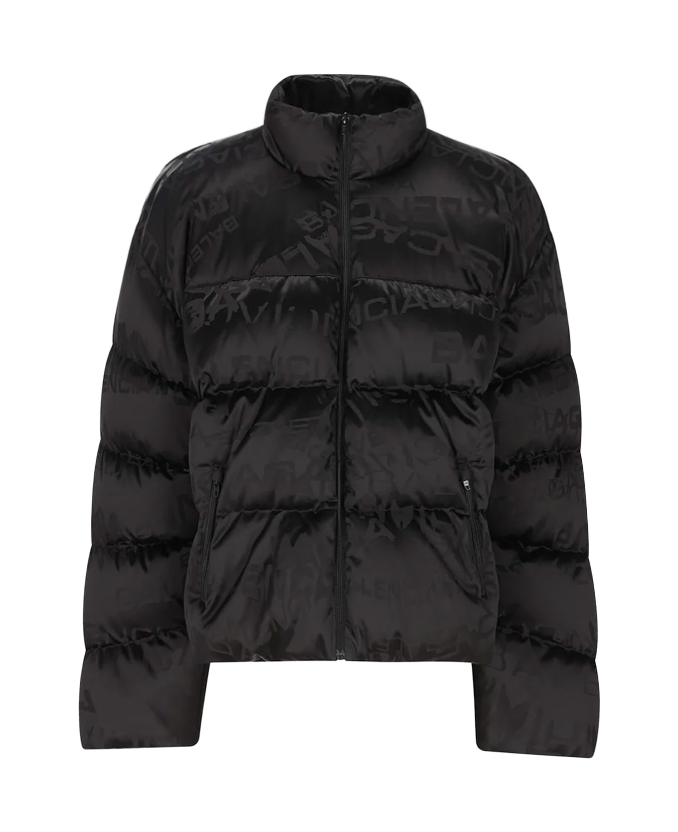 Balenciaga Nylon Down Jacket With All-over Lettering Logo - Black
