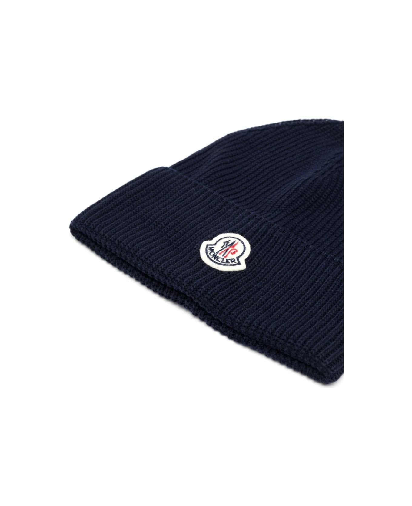 Moncler Navy Blue Cotton Beanie With Logo - Blue