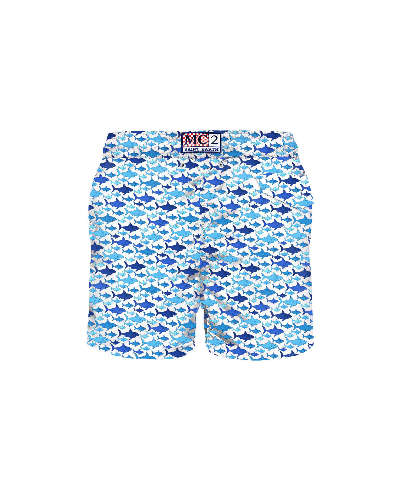 MC2 Saint Barth Man Light Fabric Swim Shorts With Shark Print - WHITE