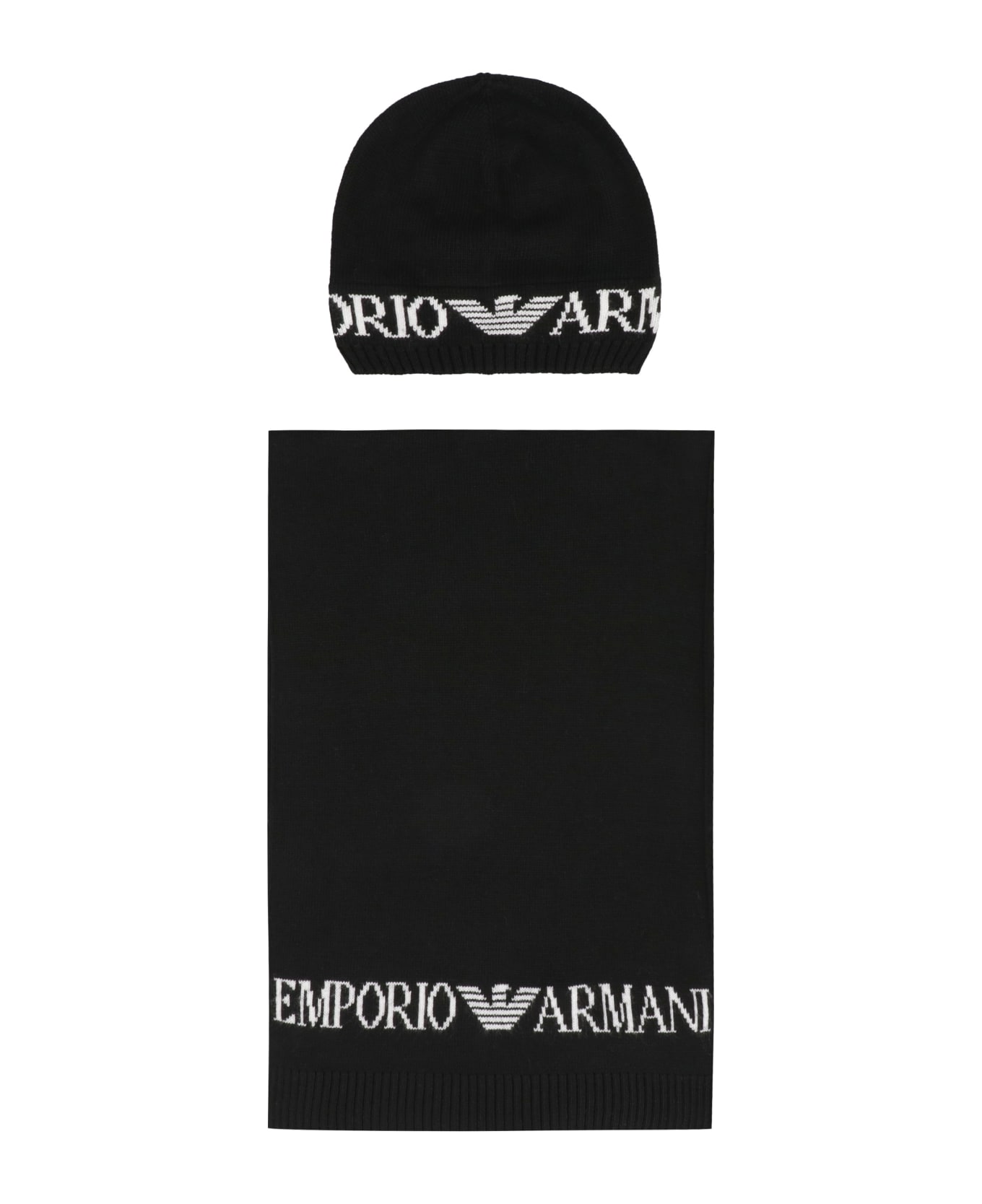 Emporio Armani Knit Beanie And Scarf Set - black
