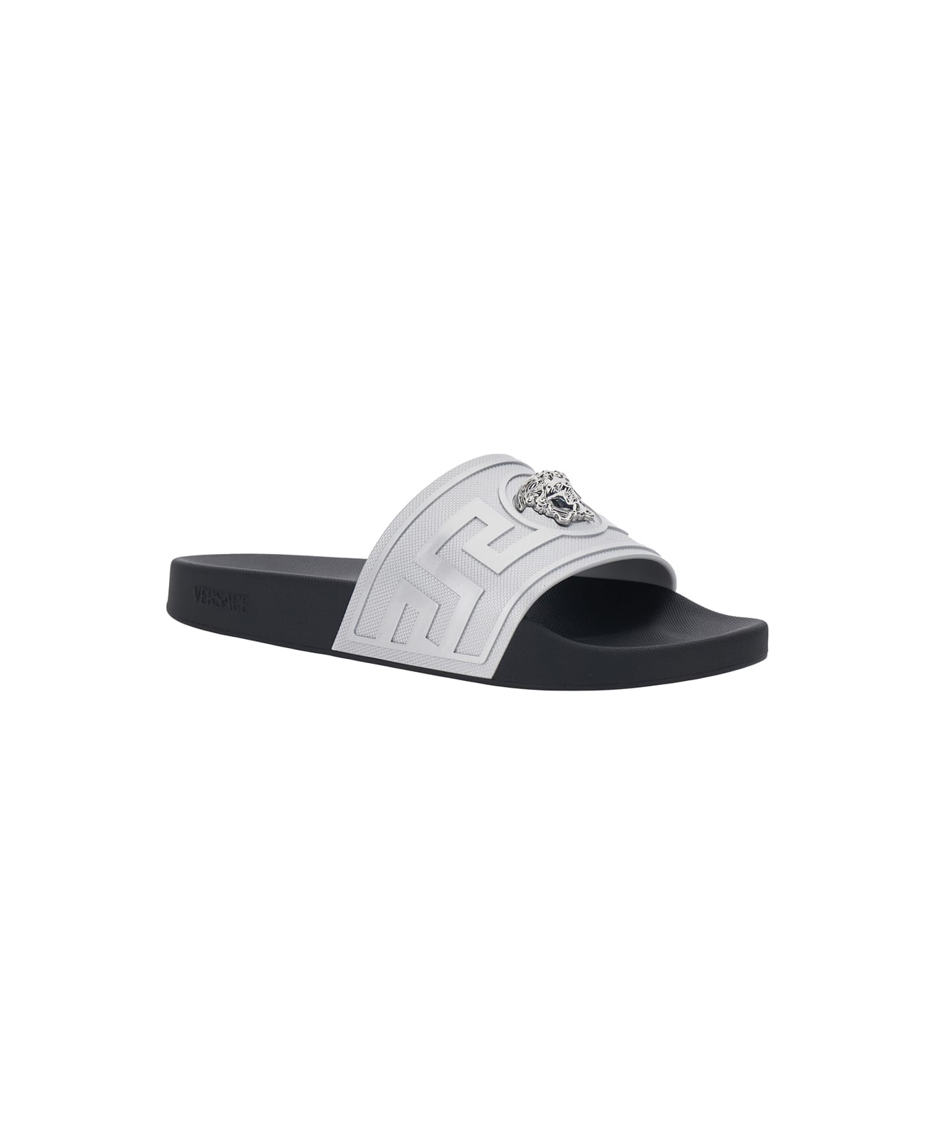 Versace Metallic Sandals With Open Round Toe And Medusa Detail On The Front In Tech Fabric Man - Metallic
