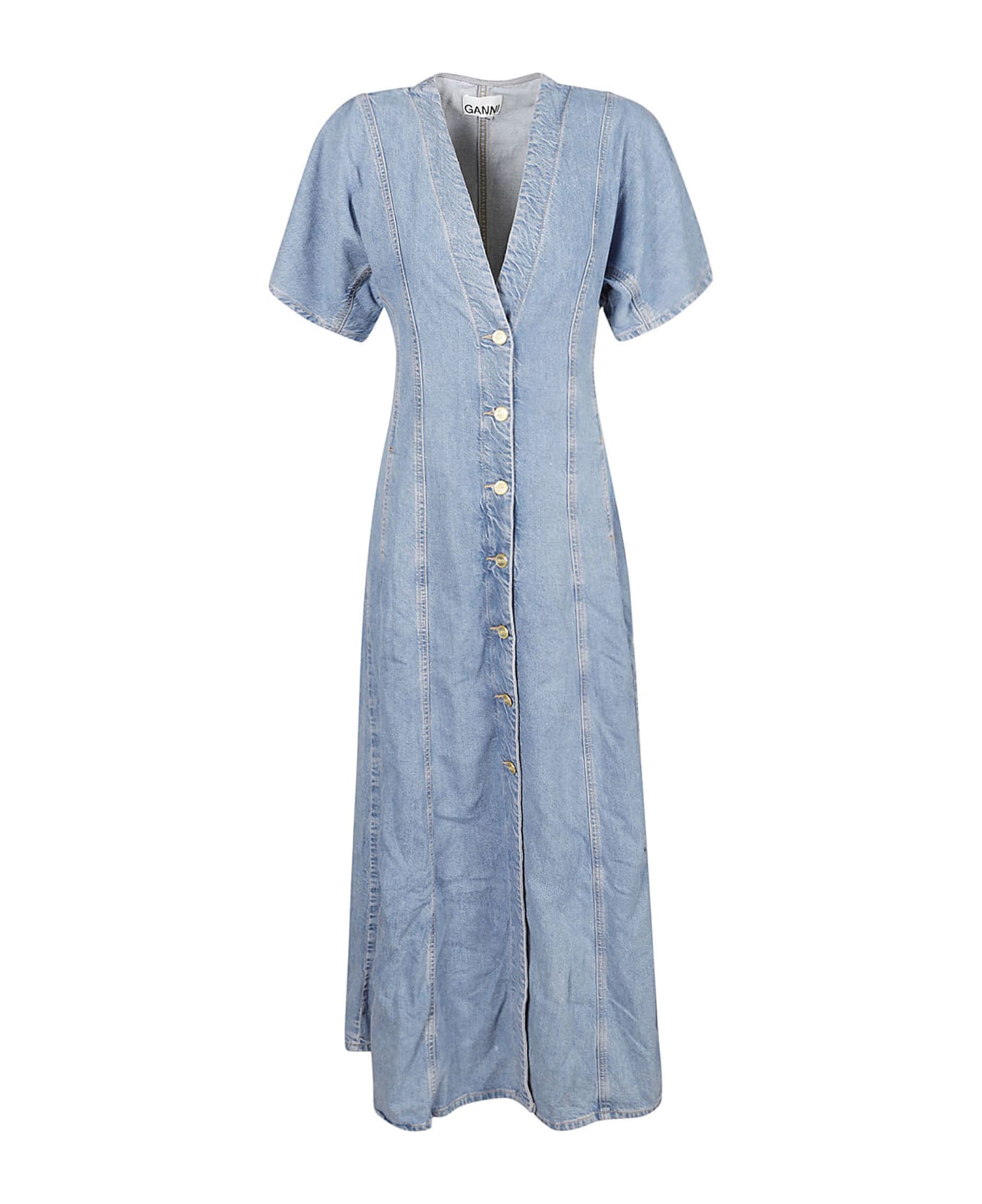 Ganni V-neck Long Denim Dress - Mid Blue Stone ワンピース＆ドレス
