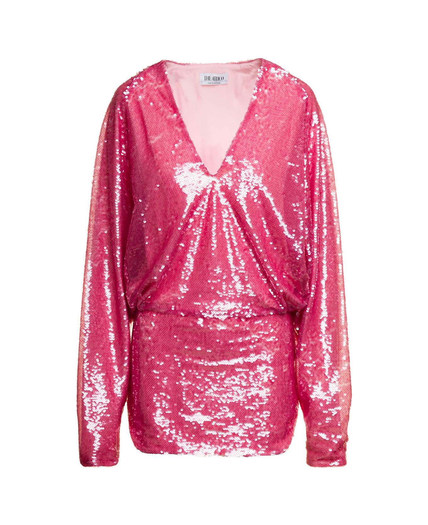 The Attico 'gael' Mini Pink Dress With Long Sleeves And All-over Paillettes Embroidery In Fabric Woman - Pink