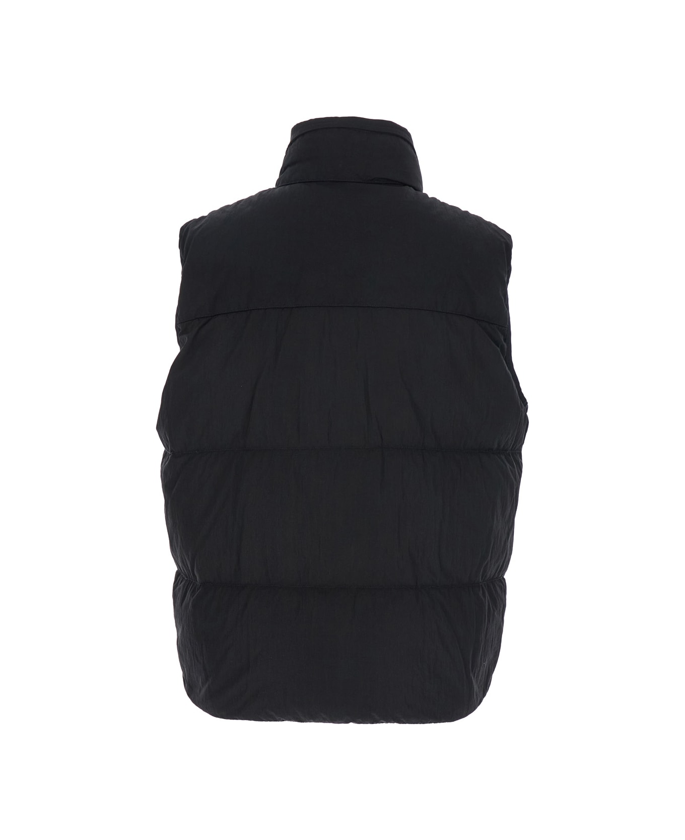 C.P. Company Black Vest With Mock Drawstring Neck And Logo Plaque On The Front In Tech Fabric Man - Black