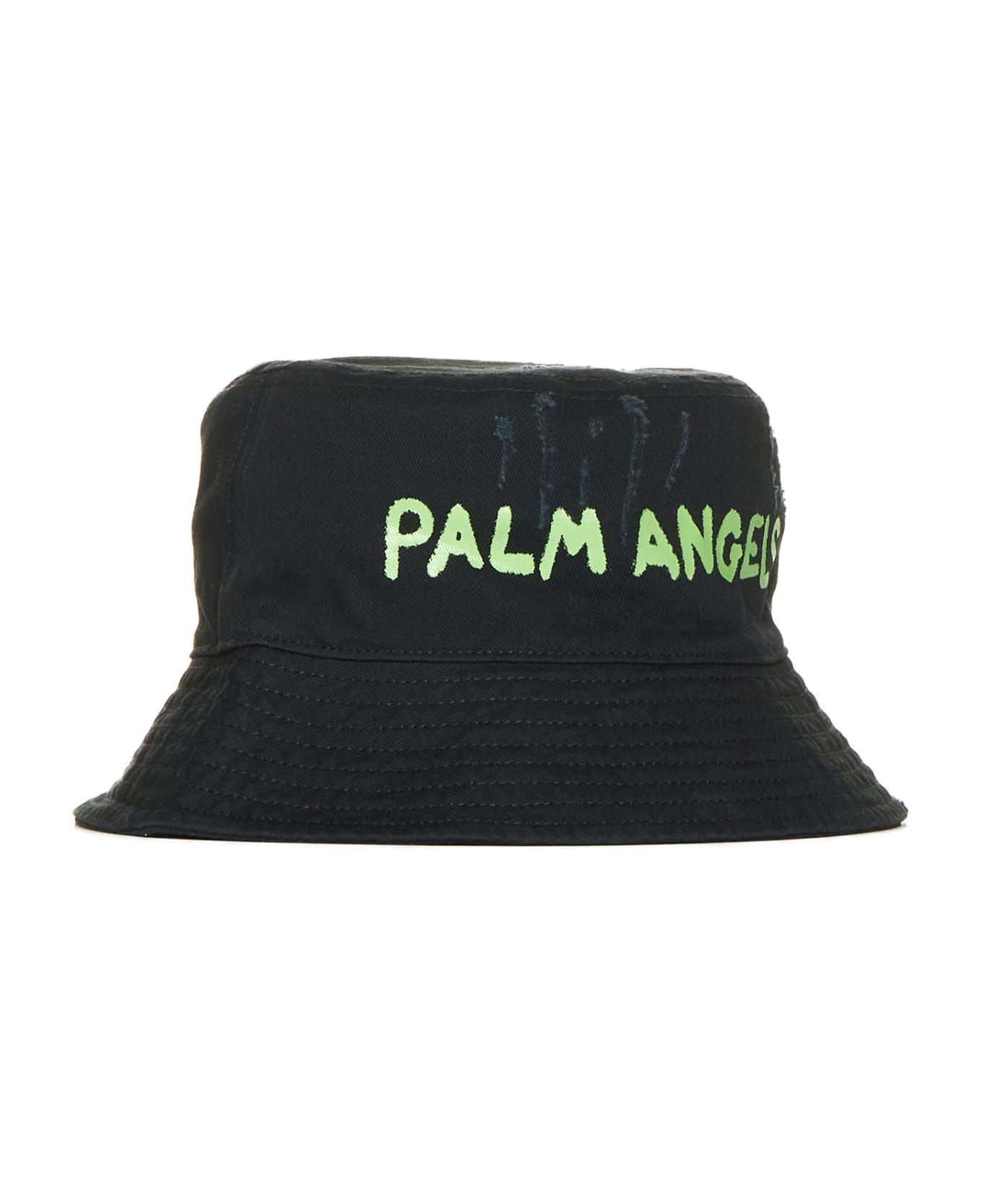 Palm Angels Logo Printed Distressed Bucket Hat - Black green fl