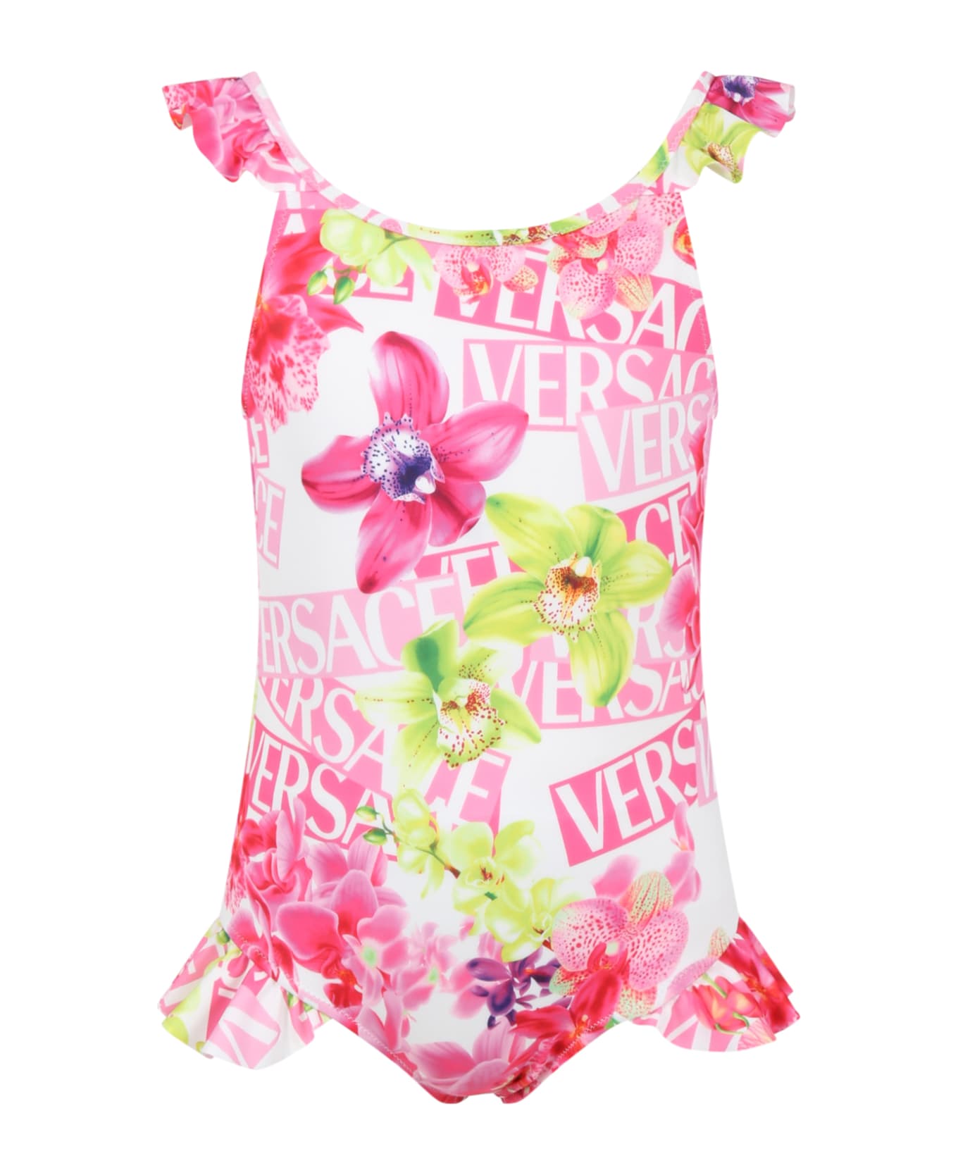 Versace White Swimsuite For Girl With Floral Print And Logo All-over - Multicolor