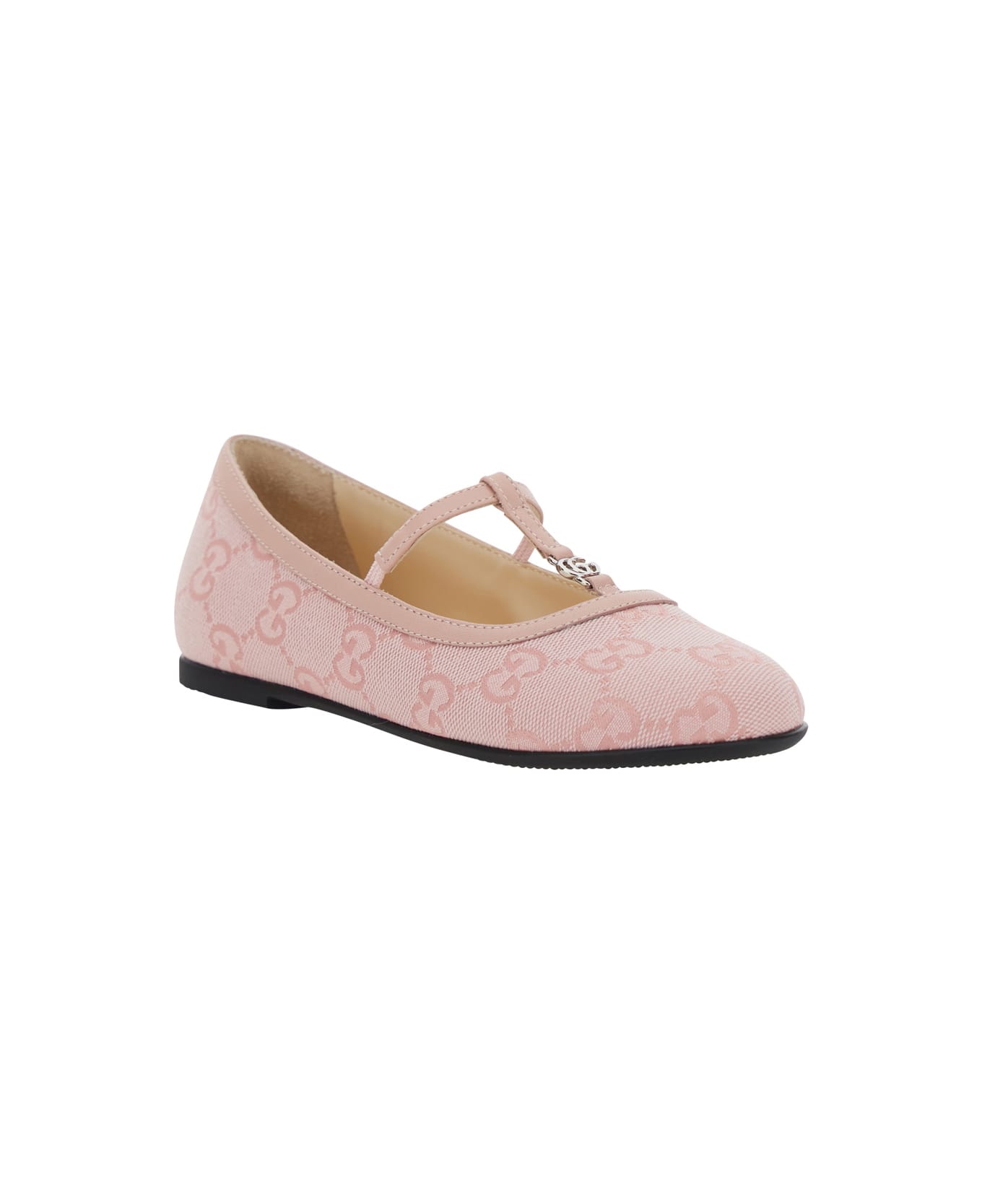 Gucci Pink Ballerinas With Metallic Logo And All-over Gg Motif In Fabric Girl - Pink
