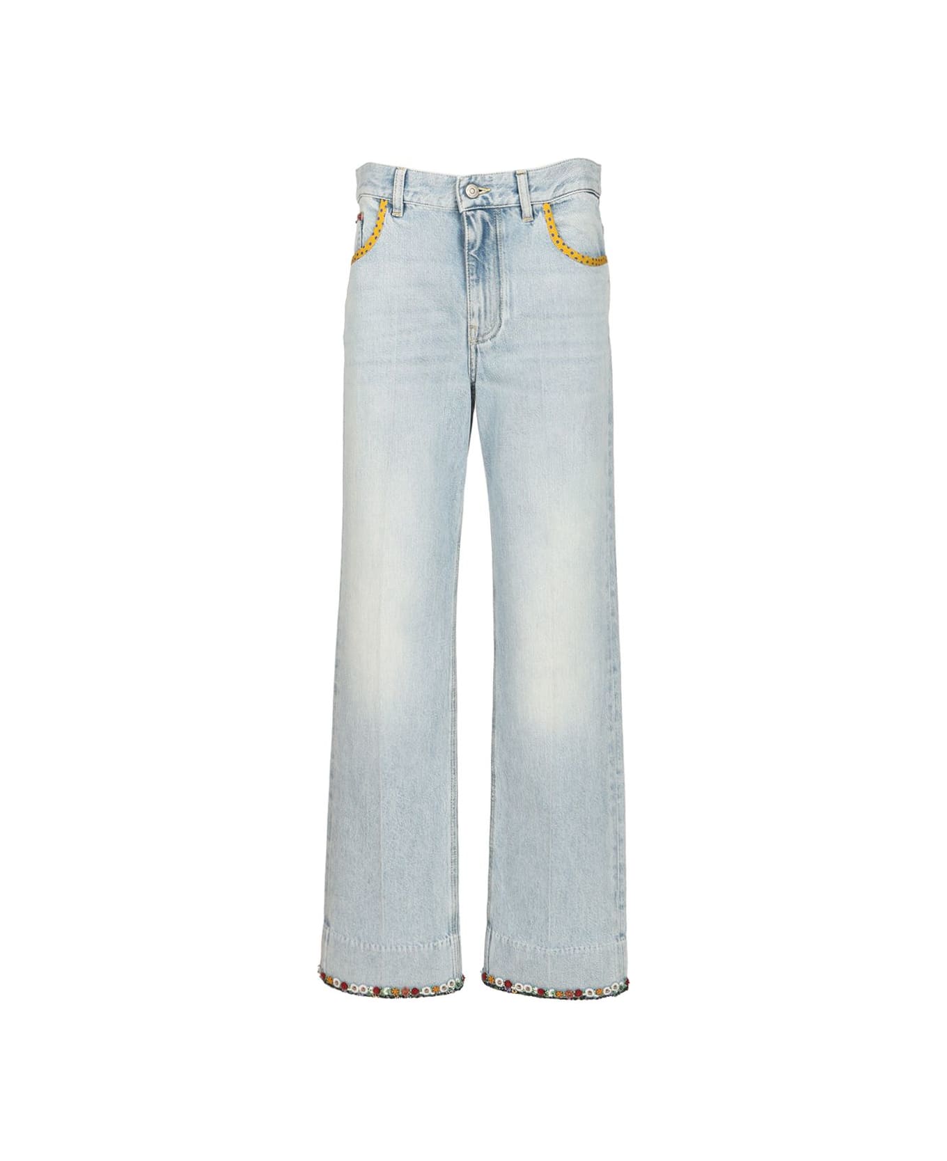 Valentino Denim Trousers With Embroidered Flower Trim - BLUE