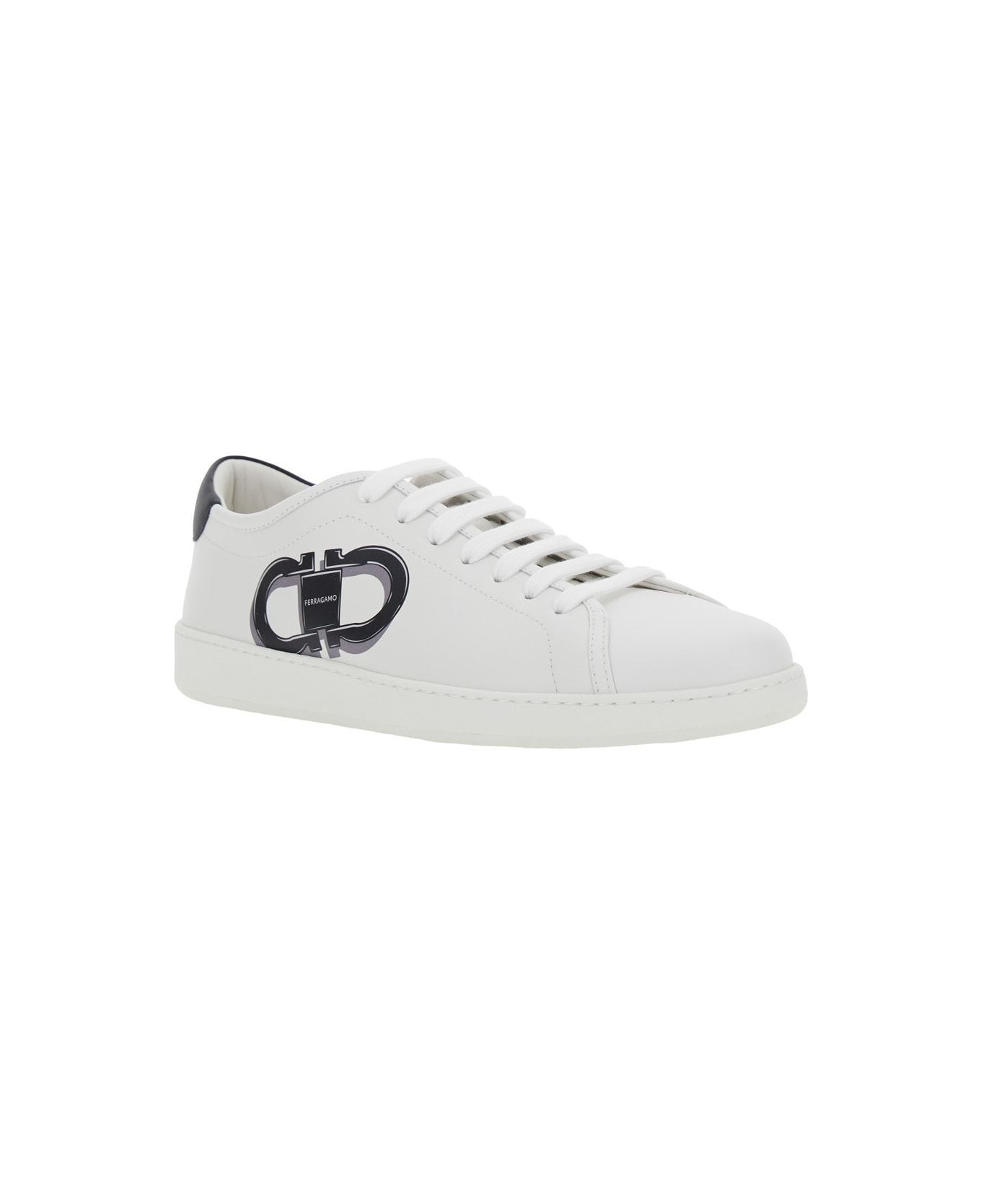 Ferragamo White Sneakers With Gancini Print On The Side And Contrasting Heel In Leather Man - White
