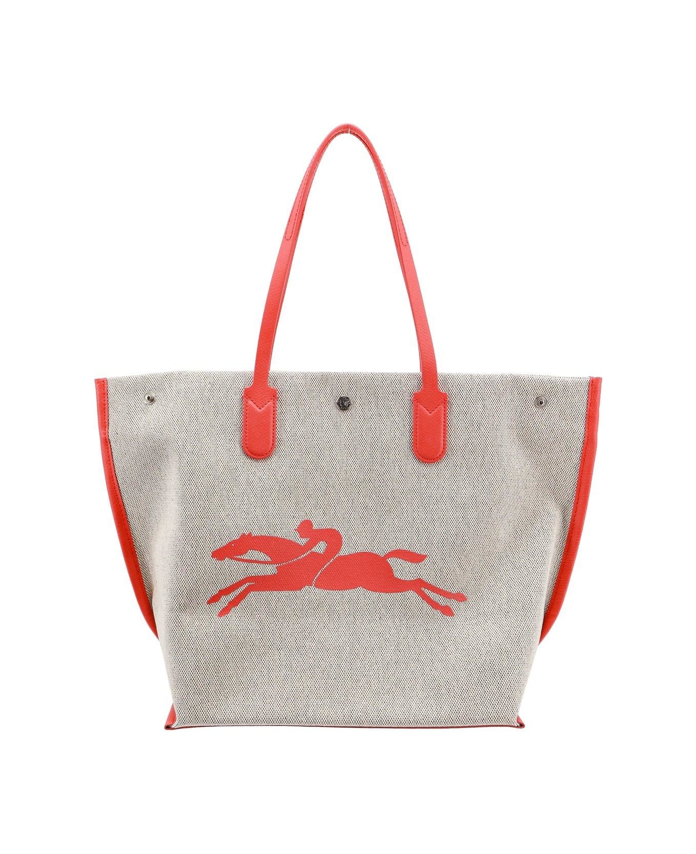 Longchamp Roseau Logo Detailed Large Tote Bag - RED/NEUTRALS