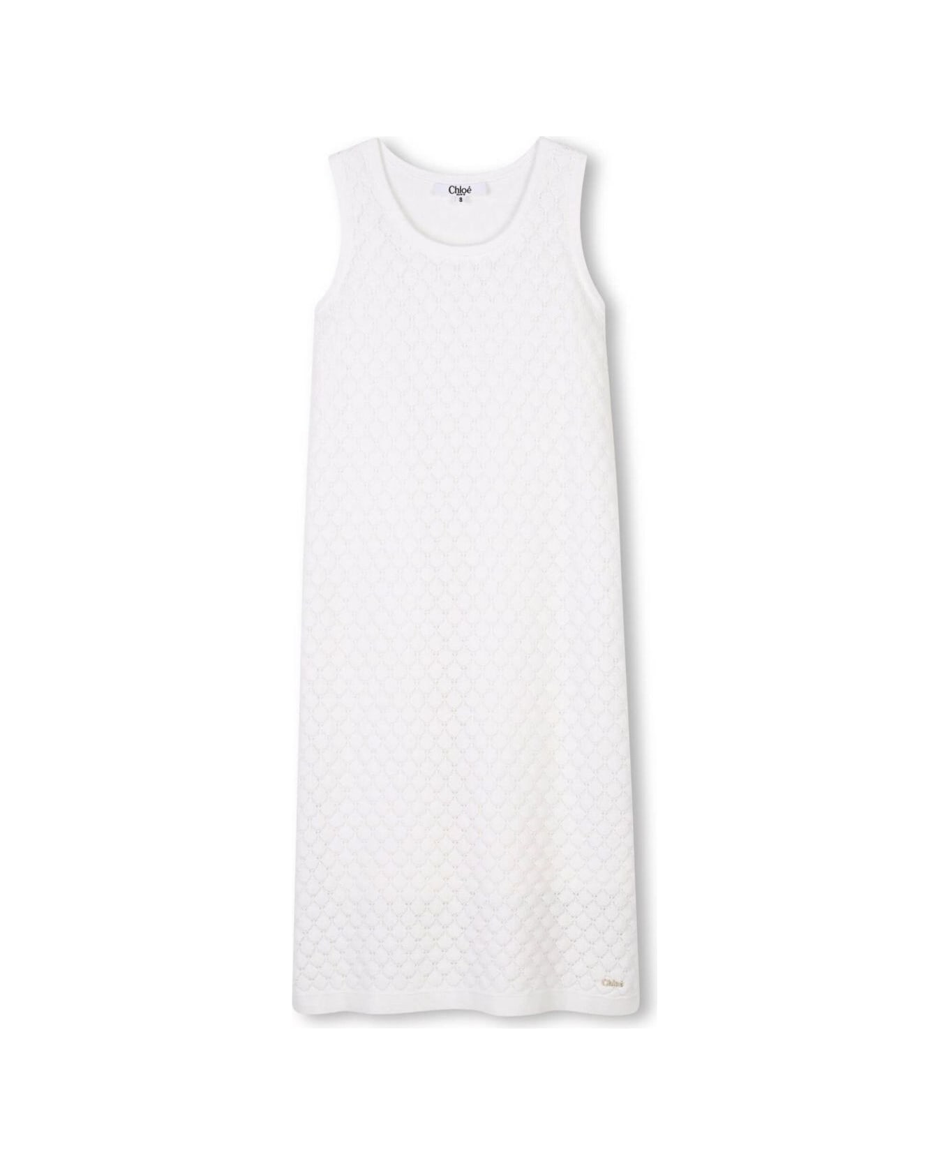 Chloé White Dress With Knit Design And Logo Patch On The Front In Cotton Girl - White