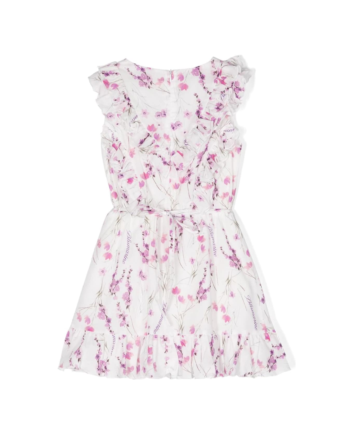 Miss Blumarine White Dress With Ruffles And Floral Print - White ワンピース＆ドレス