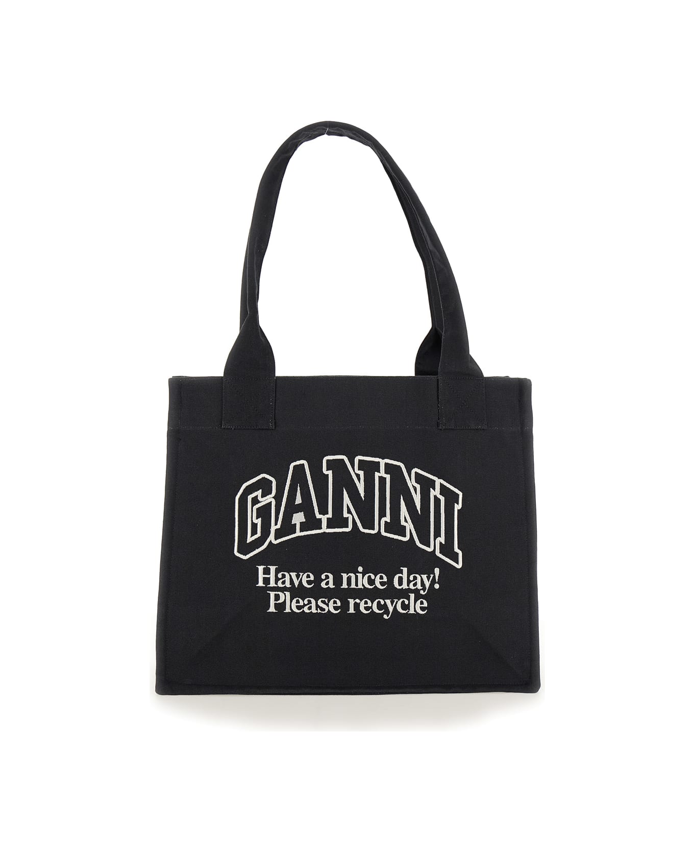 【送料&関税込】Ganni Black Shopper With Embroidered Logo On Ganni Black Shopper With Embroidered Logo On The Front In
