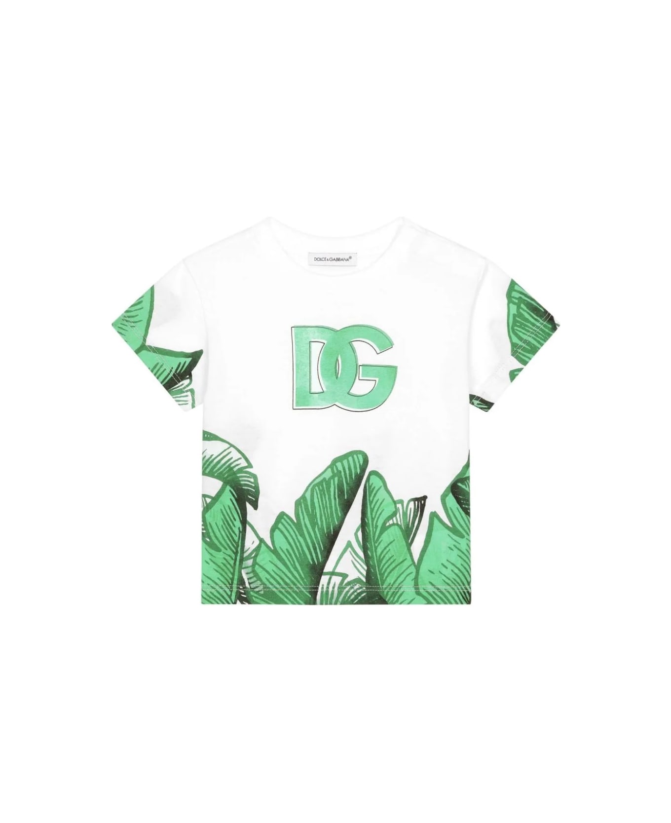 Dolce & Gabbana White T-shirt With Logo And Green Banano Print - White