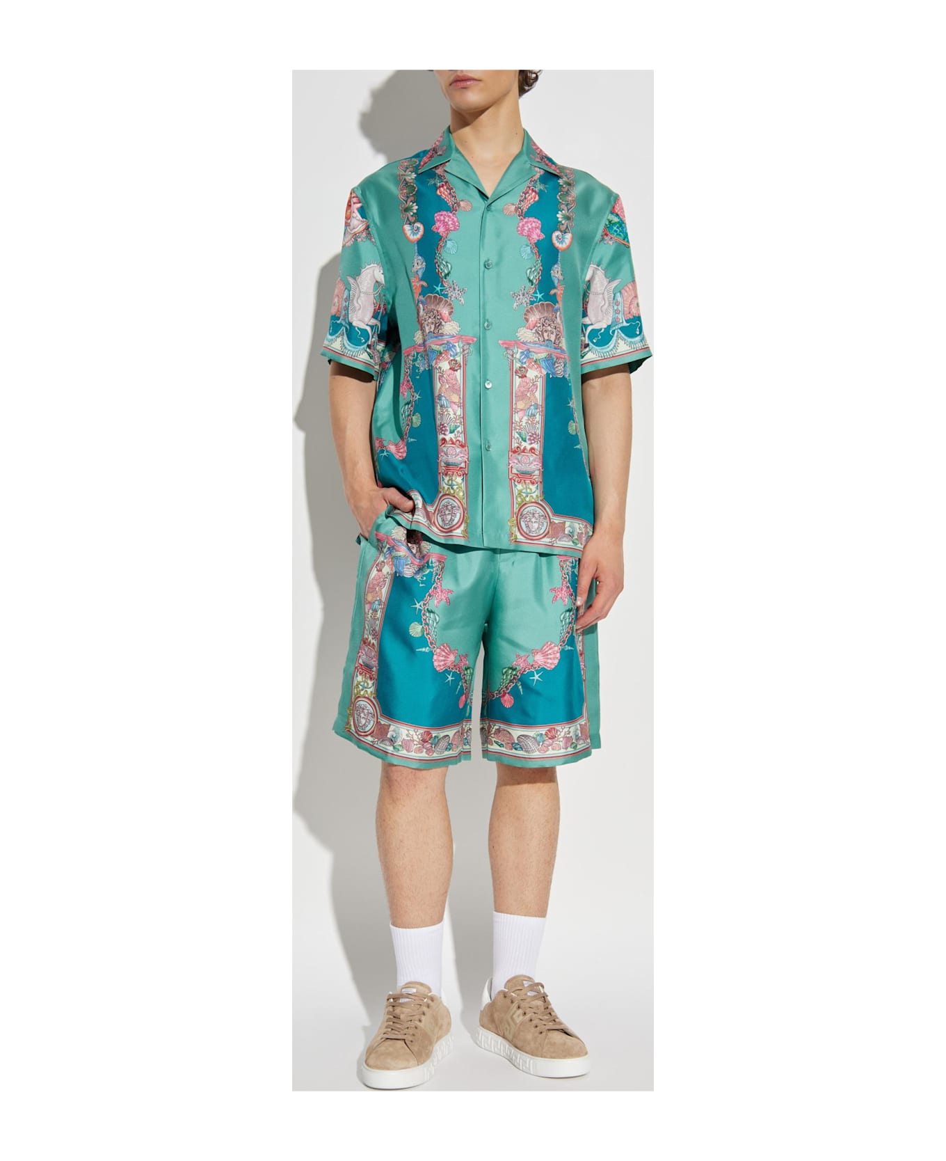 Versace Silk Shorts With 
coral Theatre
 Print - Sea Green+Dark Sea Green