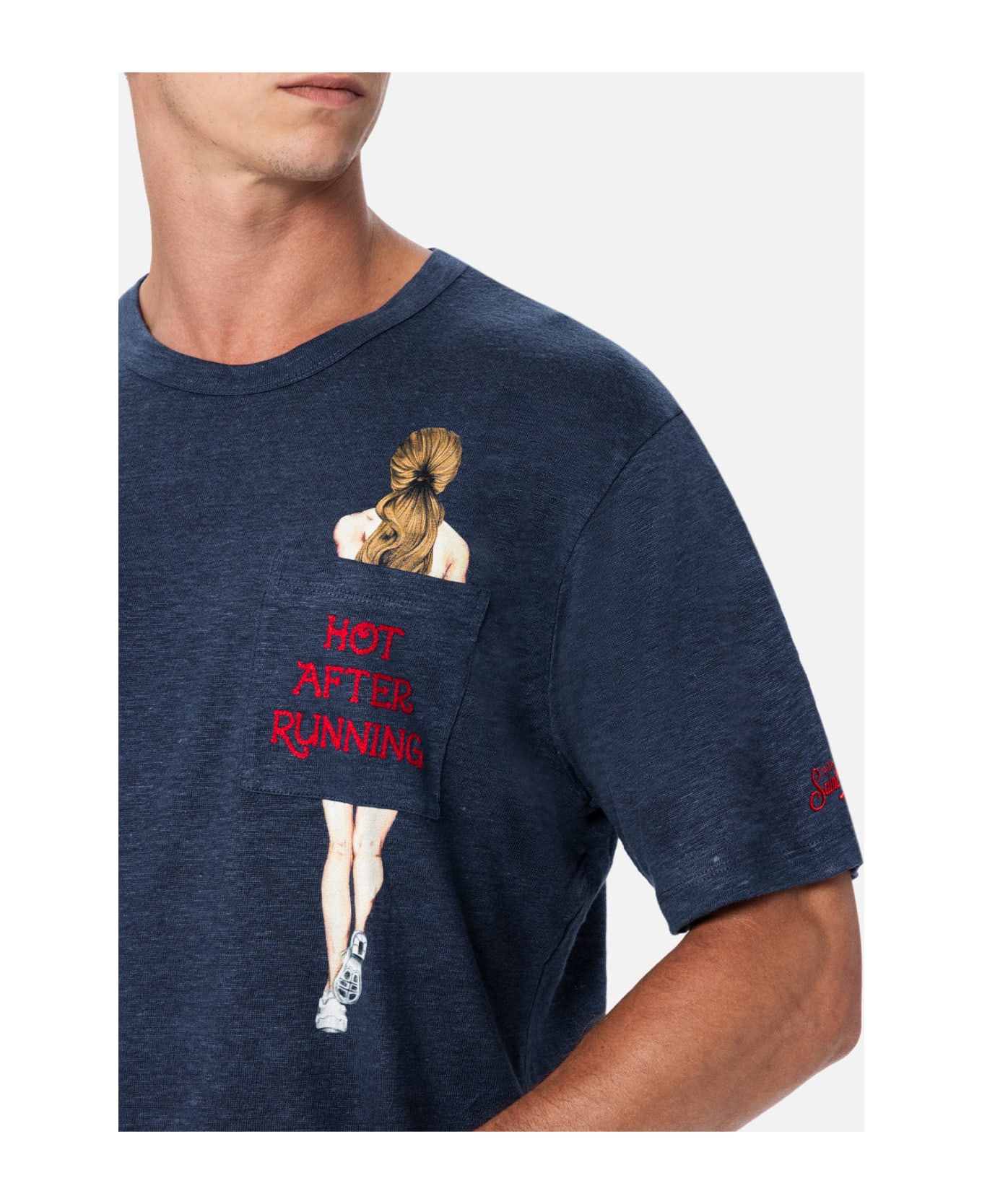 MC2 Saint Barth Man Linen Jersey T-shirt Ecstasea With Printed And Embroidered Pocket - BLUE