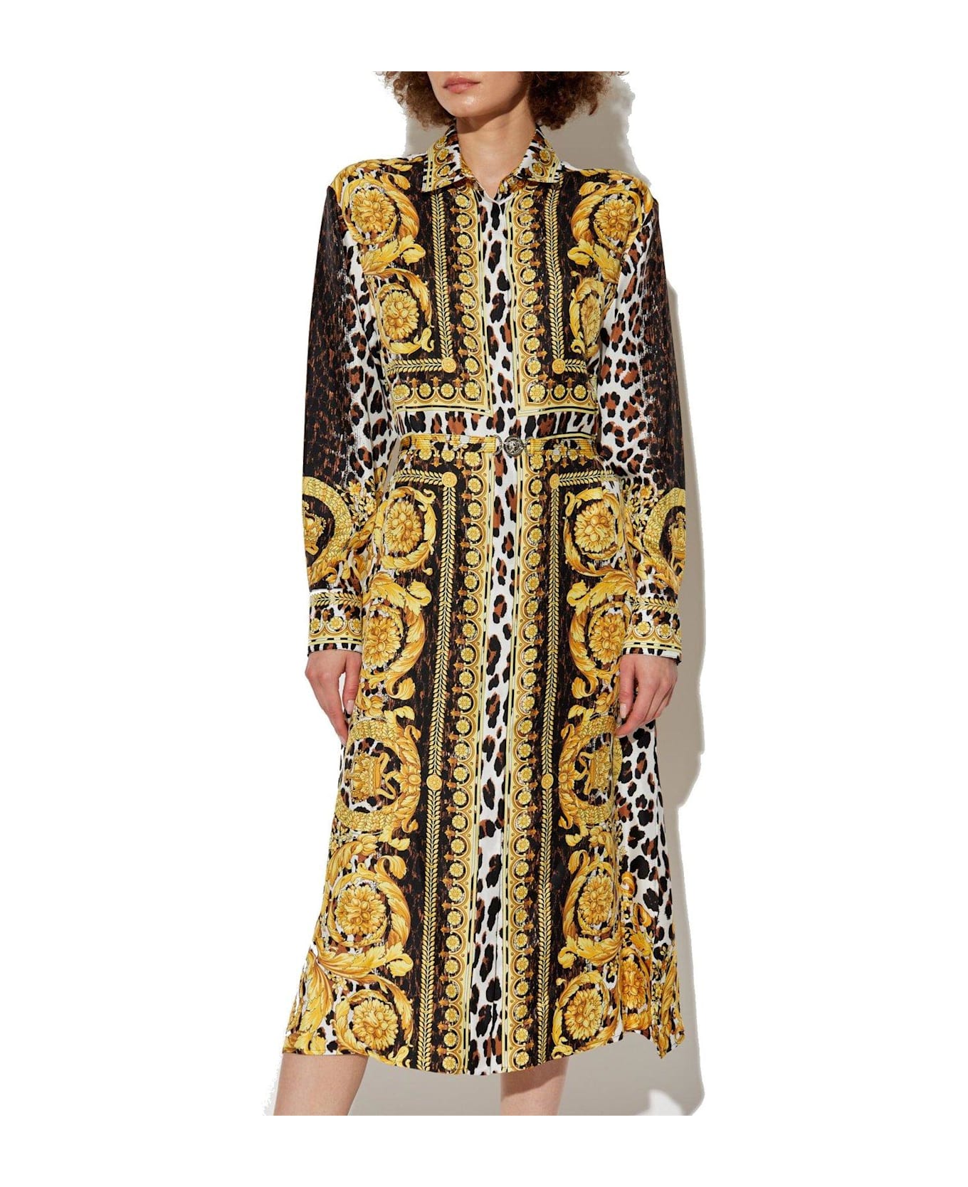 Versace Wild Barocco Foulard Long-sleeved Shirt Dress - Golden