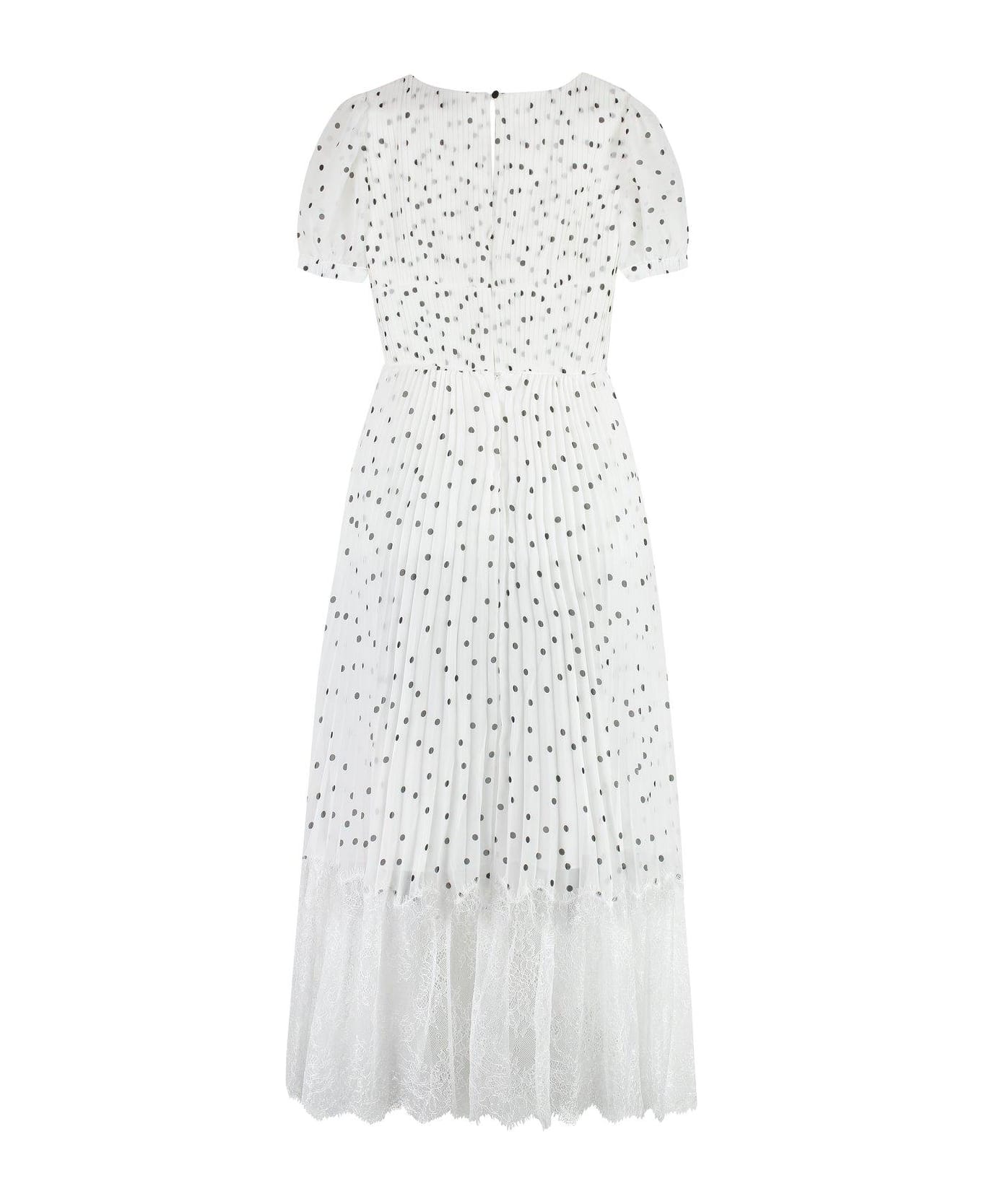 self-portrait Polka Dot Printed V-neck Pleated Dress - WHITE