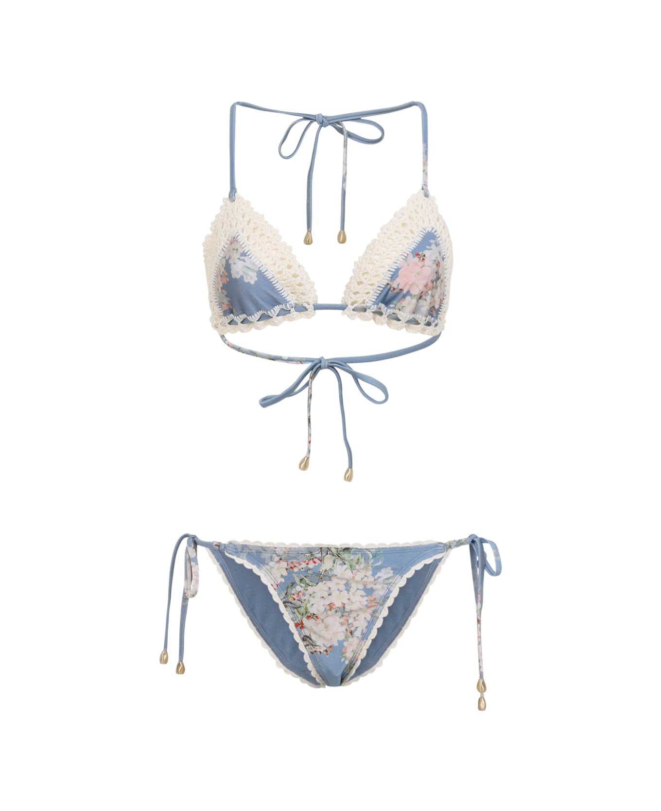 Zimmermann Cascadian Crochet Tri Bikini - Teal Blue Botanical Floral