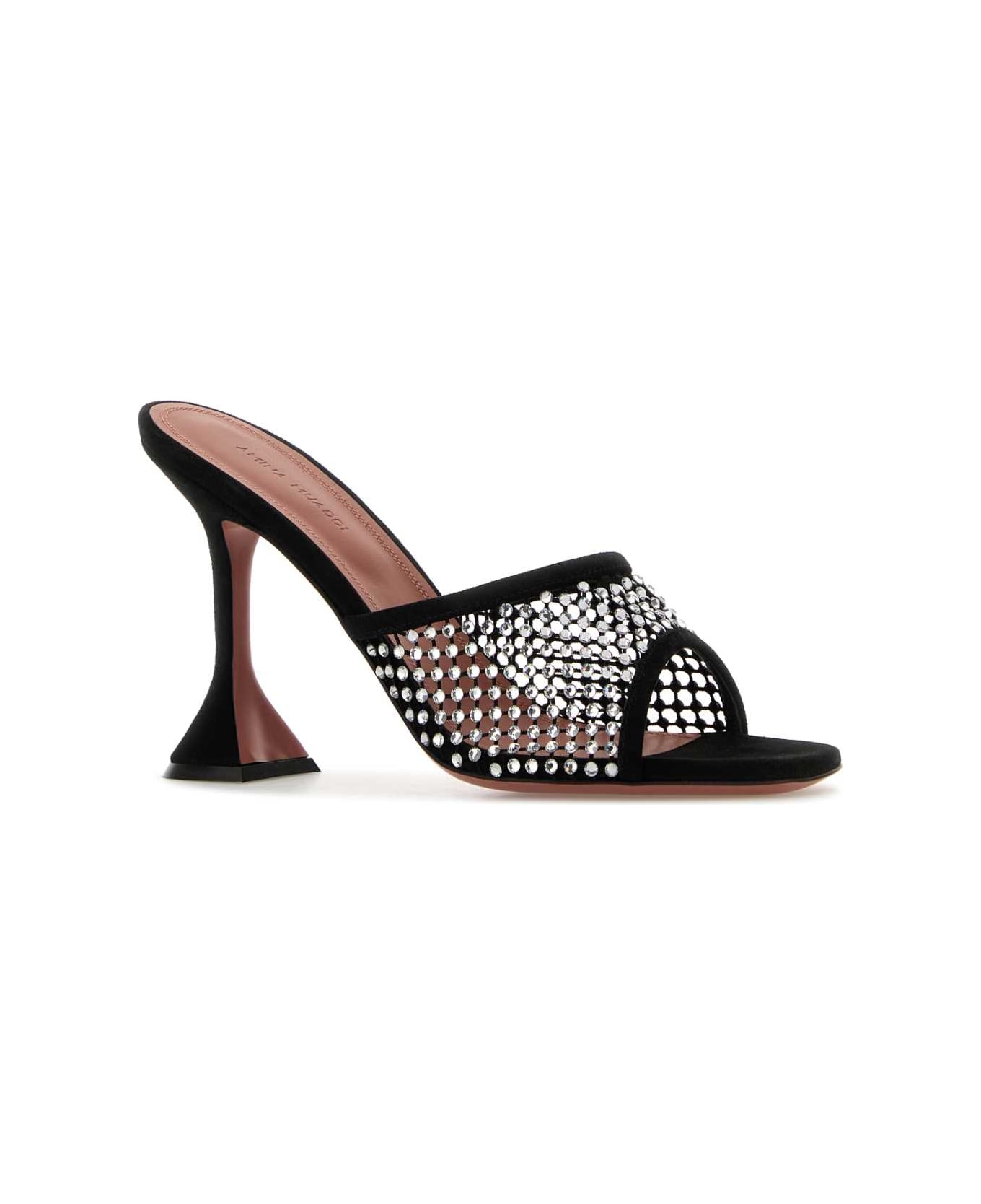 Amina Muaddi Black Mesh Lupita Crystal Mules - SUEDEBLACKWHITECRYSTAL