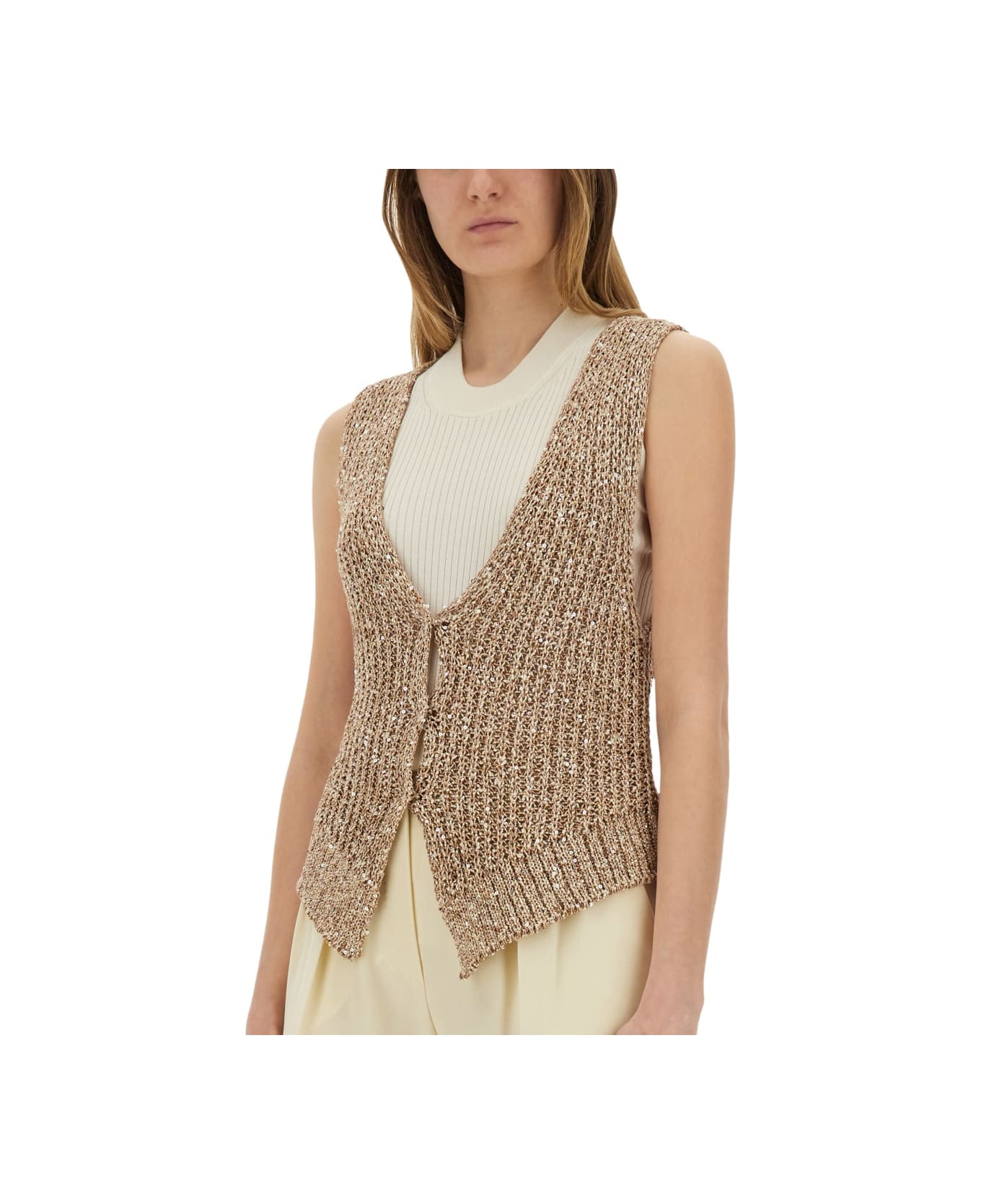 Alysi Tricot Vest With Sequins - BEIGE