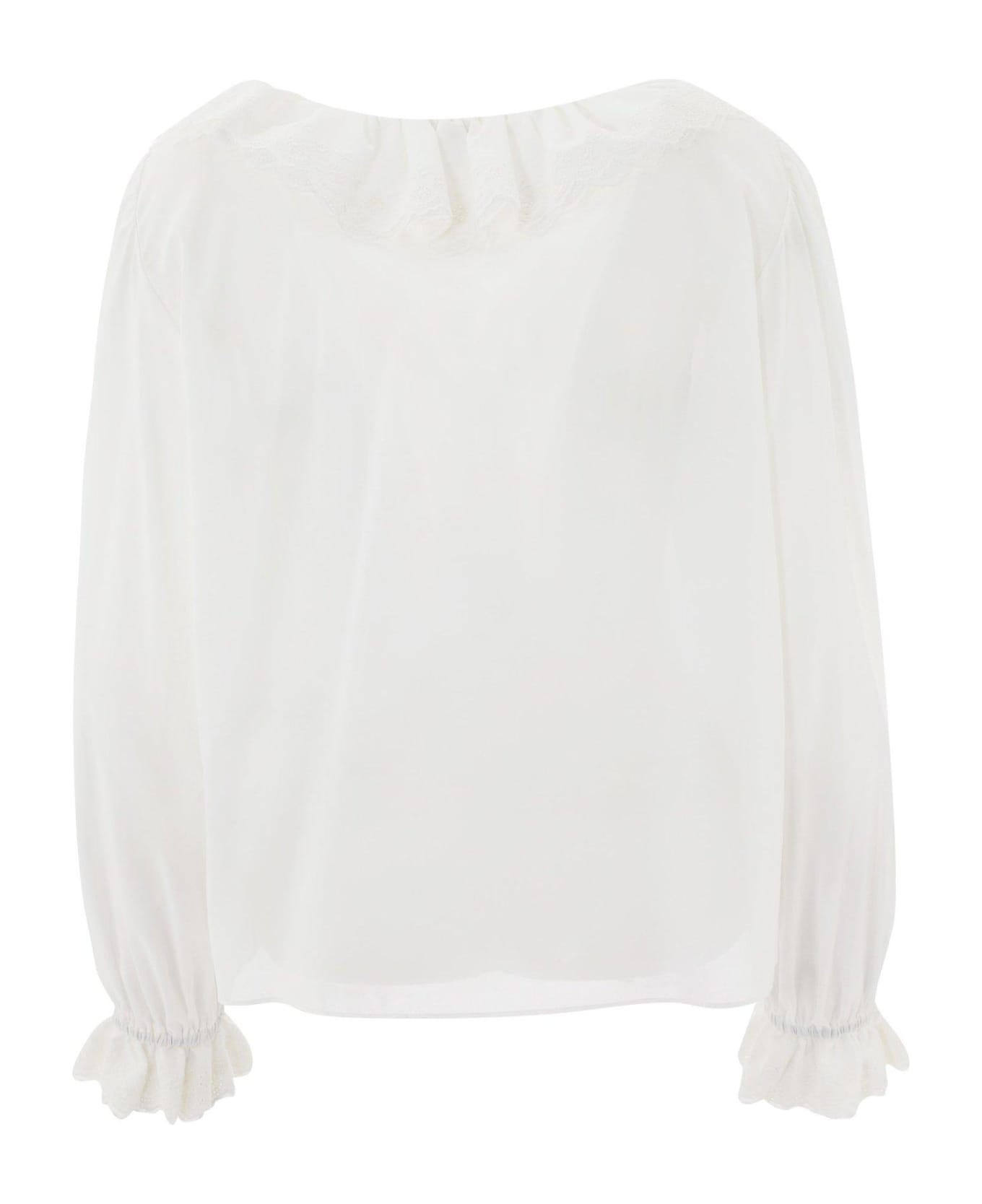 Saint Laurent Broderie Anglaise Frilled Tie Blouse - White ブラウス