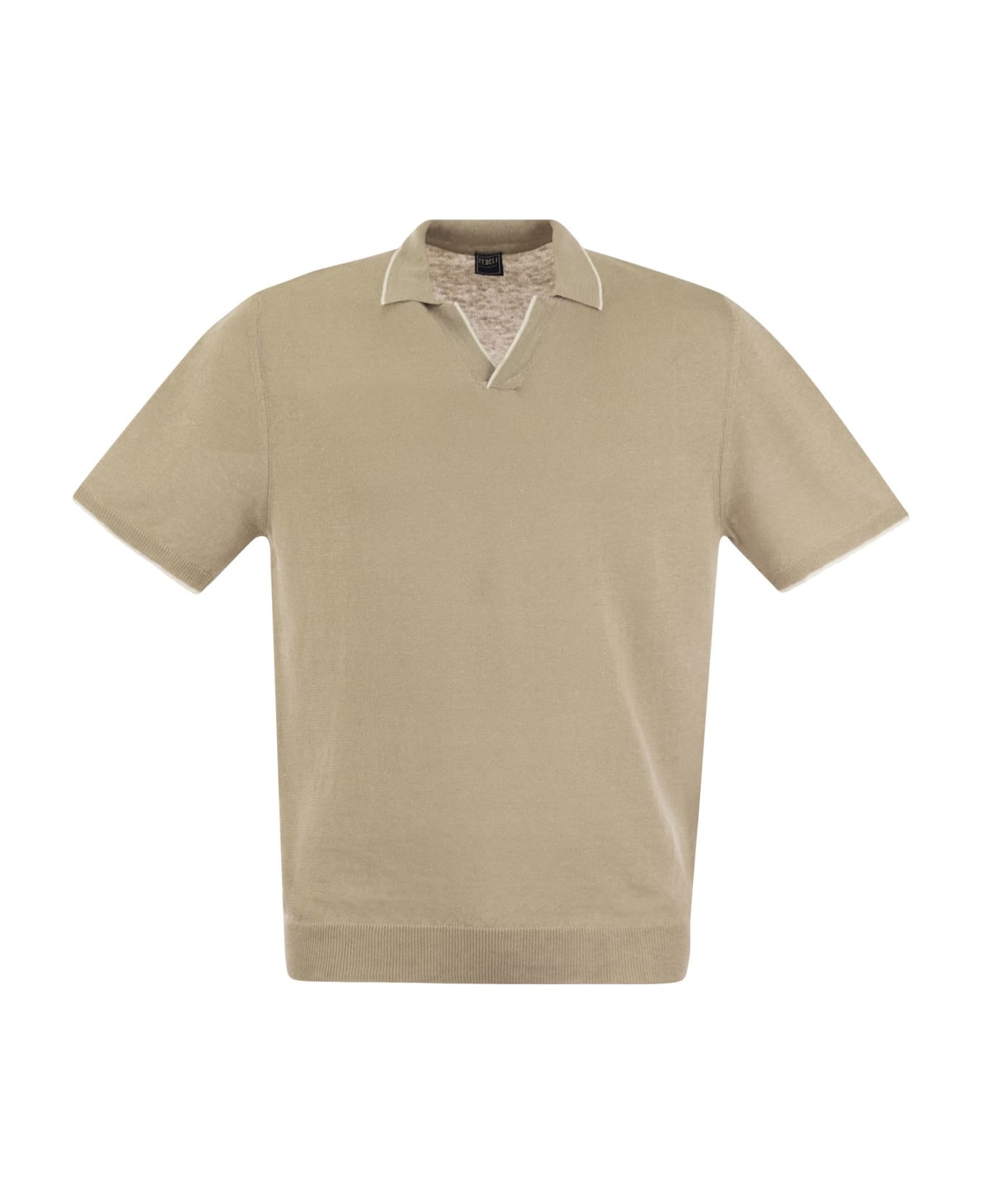 Fedeli Polo Shirt With Open Collar In Linen And Cotton - Beige