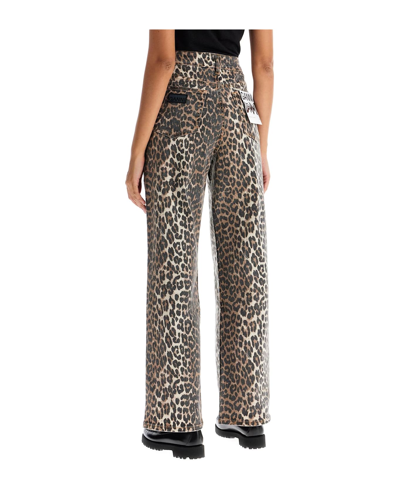 Ganni Printed Stretch Denim Wide-leg Jeans - LEOPARD