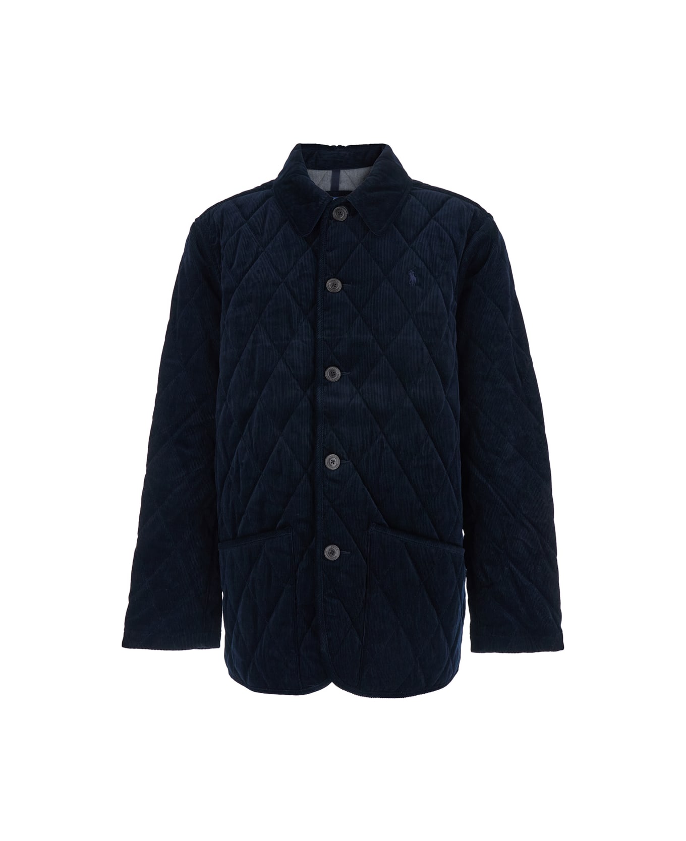 Polo Ralph Lauren Blue Jacket With Classic Collar And Pony Embroidery On The Front In Quilted Corduroy Man - Blu