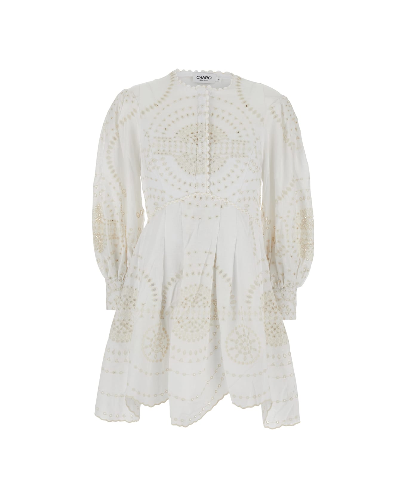 Charo Ruiz 
asahi
 White Dress With All-over Embroidery Design And Pleated Skirt In Cotton And Linen Blend Woman - WHITE