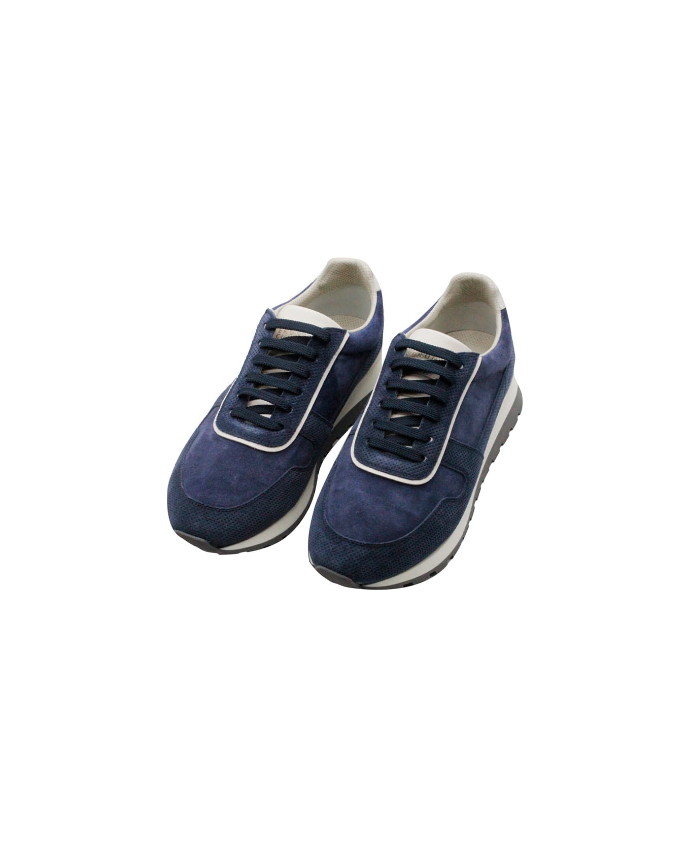 Brunello Cucinelli Runner Sneaker In Leather And Washed Punched Suede With Laces And Light Sole - Blu