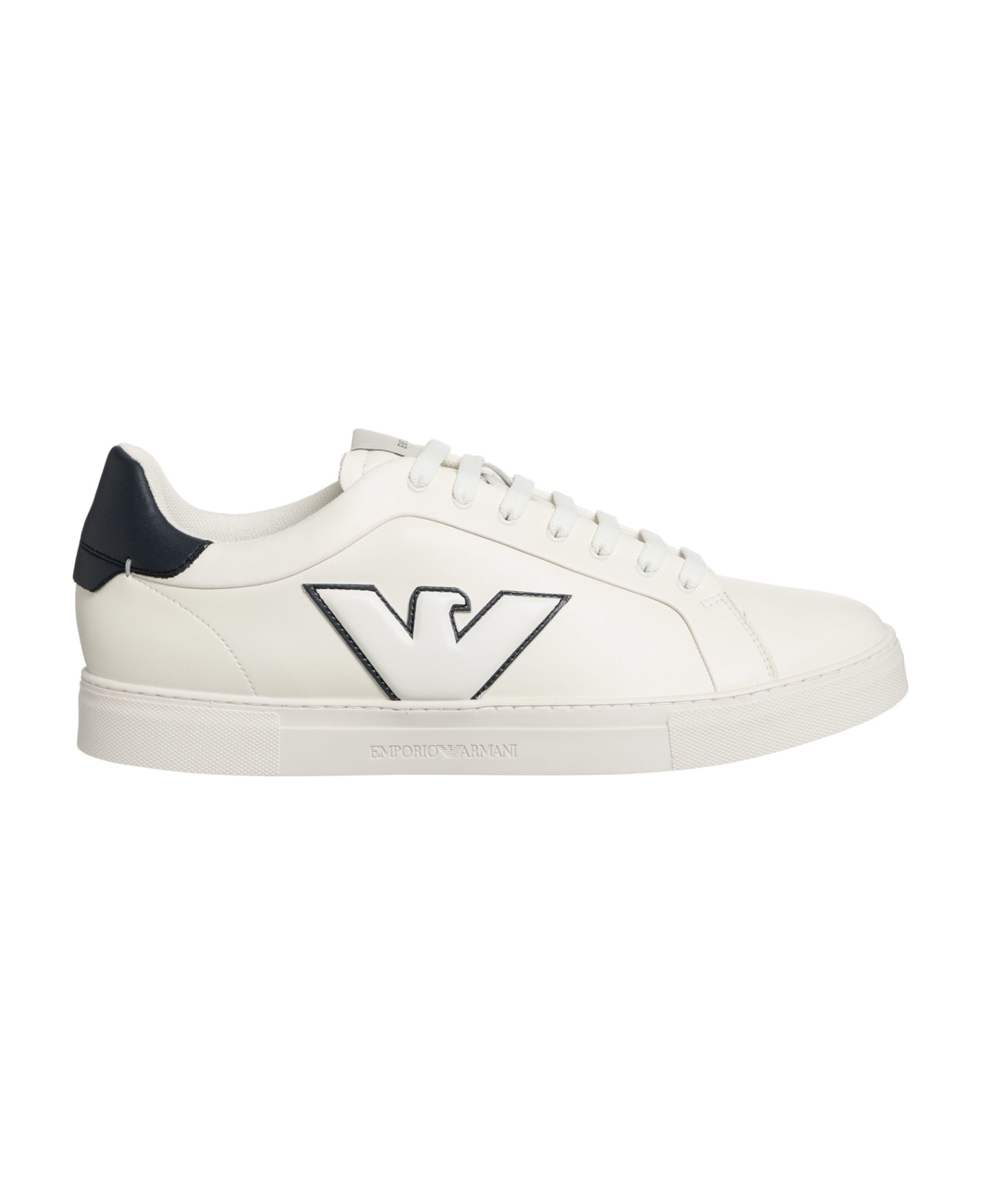 Emporio Armani Leather Sneakers - White, navy
