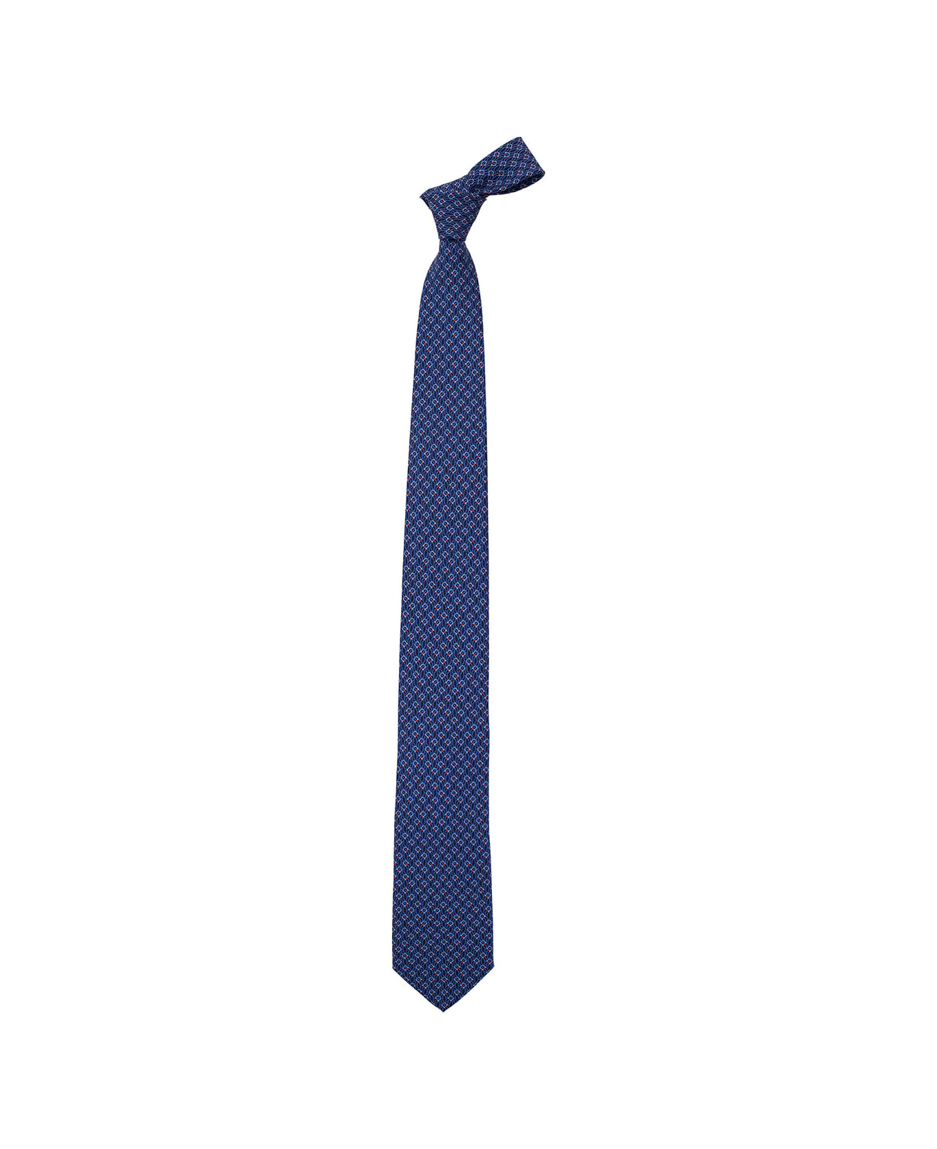 Ferragamo Blue Tie With Gancini Print In Silk Man - Navy